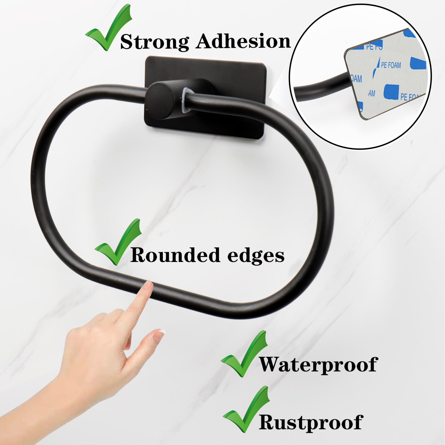 Stick-On Oval Towel Ring - No Drill Self Adhesive Hand Towel Holder - Thick 304 Stainless Steel Bathroom & Kitchen Towel Hanger - Matte Black - Perfect for Small Spaces & Rental Homes