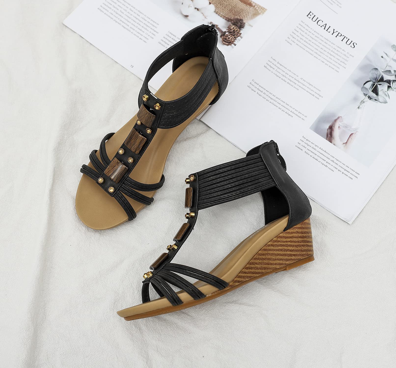 FRALOSHA Women's Open Toe Wedge Sandals - Breathable Roman High Heel Summer Casual Shoes for Beach, Vacation & Outdoor Walking