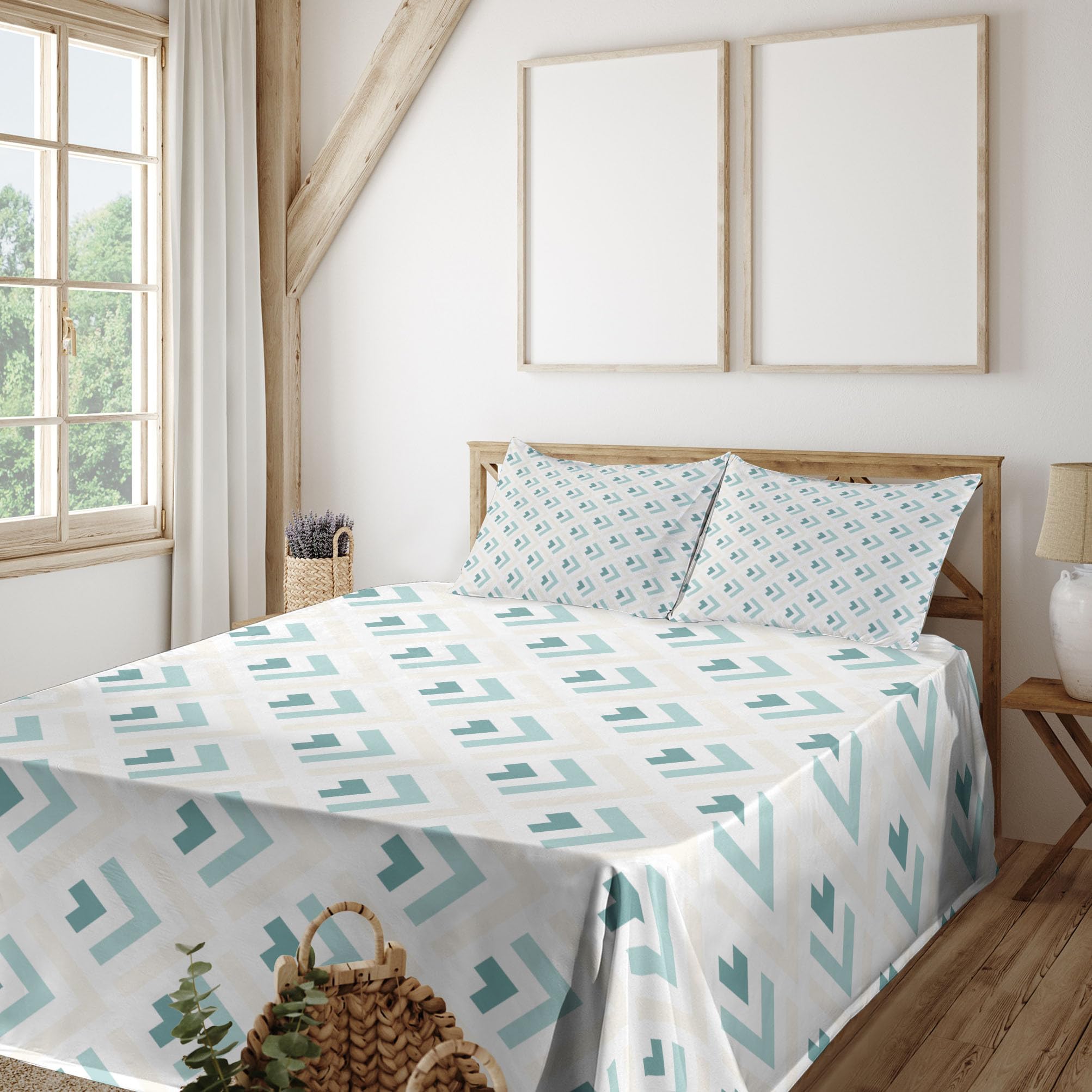 Ambesonne Abstract Arrow Pattern 4-Piece Sheet Set - Minimalist Symmetric Geometric Retro Design Bedding with Fitted & Flat Sheets + Pillowcases - King Size in Pale Peach & Turquoise - Perfect for Modern Bedrooms, Guest Rooms & Airbnb Stays