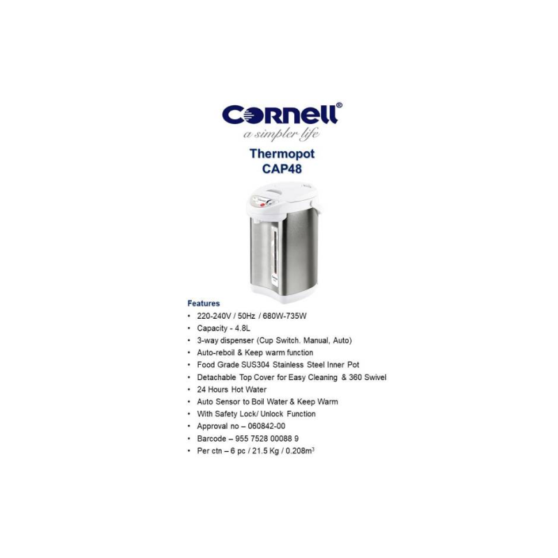 Cornell CAP48 Stainless Steel Thermo Pot 4.8L (3-Way) - Insulated Hot Water Dispenser for Home, Office & Camping Use