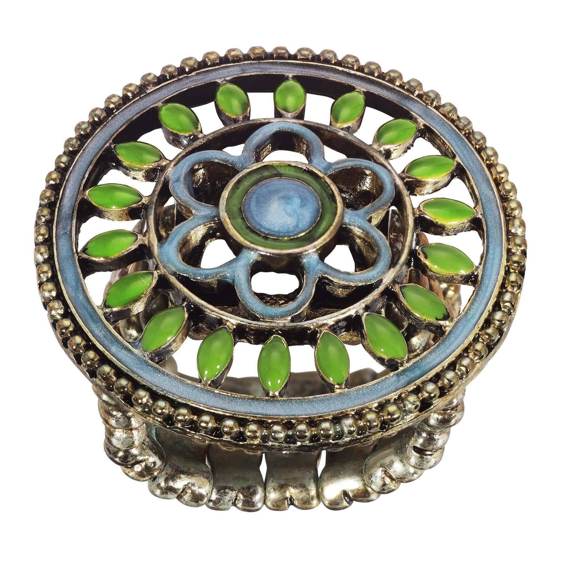 Vintage 1928 Jewelry Blue and Green Enamel Floral Stretch Ring - Elegant Costume Jewelry for Women, Perfect for Parties, Weddings and Everyday Wear