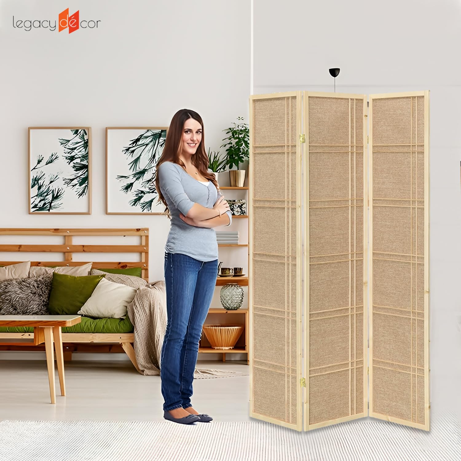 Legacy Decor 3-Panel Rattan Room Divider with Cane Webbing & Decorative Cutouts - Foldable Privacy Screen for Home Office Studio - Natural Bamboo Partition for Indoor Spaces, Bedroom Separation & Event Decor