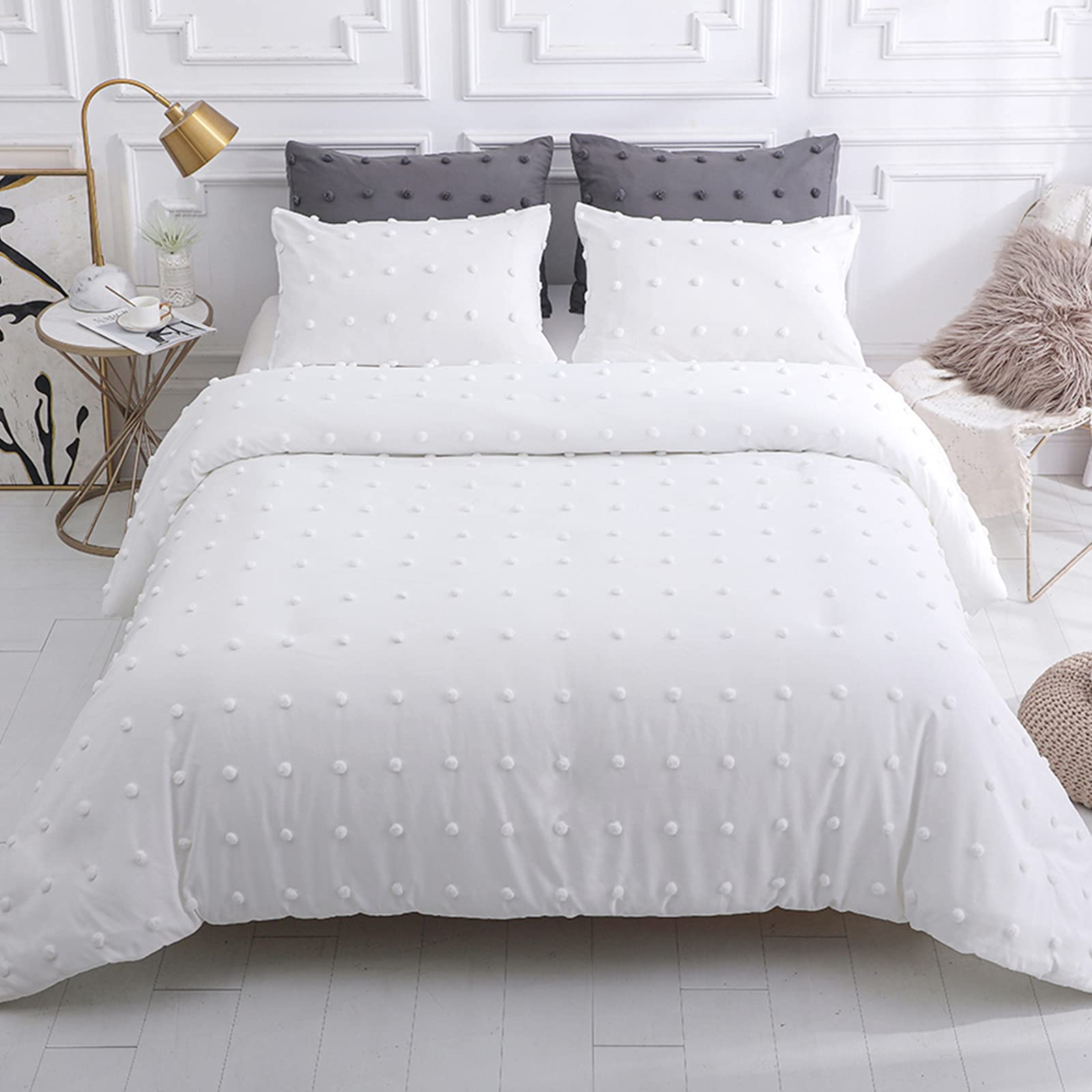 LUCKYBULL 3-Piece Full Size Tufted Comforter Set - Lightweight Jacquard Chenille Dots Down Alternative Bedding with 2 Pillowcases | All Season Soft White Comforter for Bedroom, Guest Room & Dorm