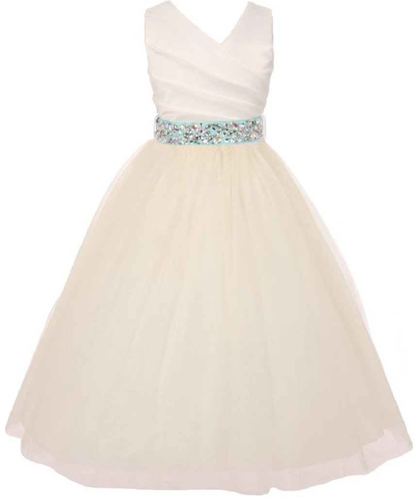 Elegant V-Neck Rhinestone Belt Flower Girl Dress for Little Girls - BluNight Collection | Perfect for Weddings, Parties & Special Occasions