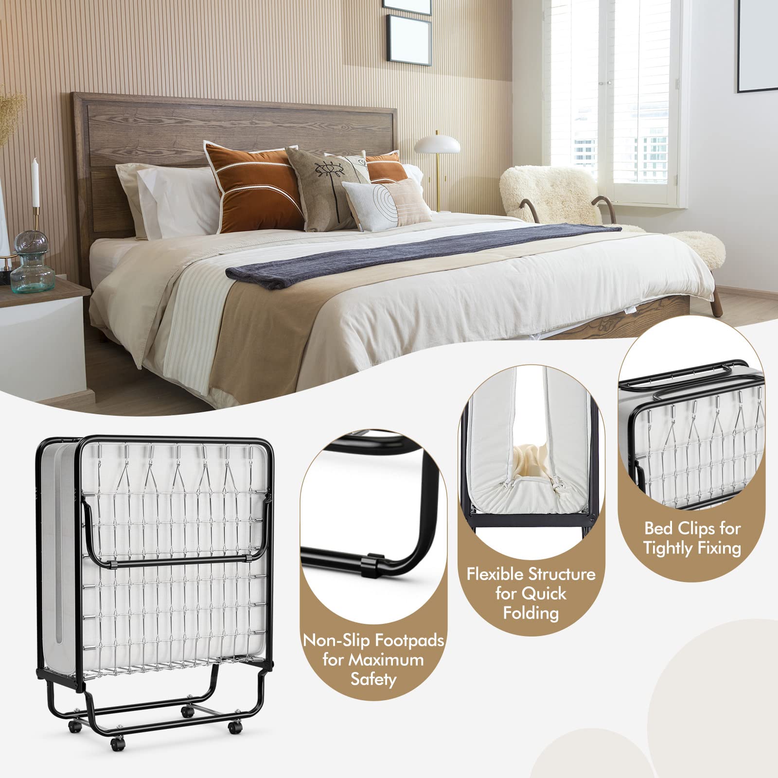 RELAX4LIFE Foldable Guest Bed with Memory Foam Mattress - Sturdy U-Shaped Metal Frame & 4 Universal Wheels | Portable Single Cot for Home, Office & Travel | Easy Storage Space-Saving Design | Made in Italy
