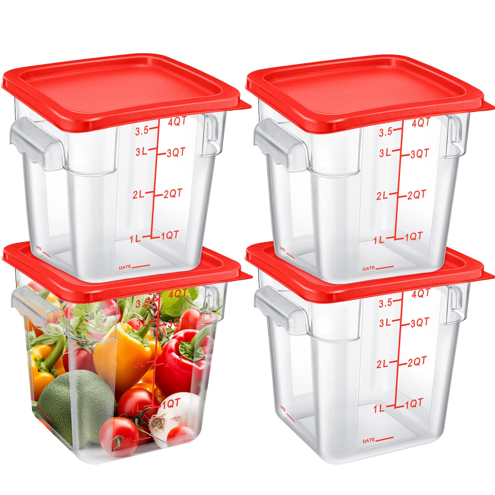 **Maxcheck 4-Piece 4Qt Square Food Storage Containers with Lids – Clear Commercial-Grade BPA-Free Plastic, Measuring Scale & Handles – Space-Saving for Home, Kitchen, Restaurant – Ideal for Dough Proofing, Marinating Meat, Meal Prep (Red)**    *(Use Cases: Perfect for storing leftovers, meal prepping, marinating meats, proofing dough, organizing pantry, and commercial kitchen use.)*