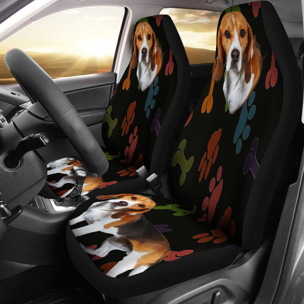 Adorable Beagle Dog Car Seat Cover - Black with Colorful Paw Prints - Waterproof Pet Seat Protector for Cars, SUVs & Trucks - Perfect for Dog Lovers & Pet Owners