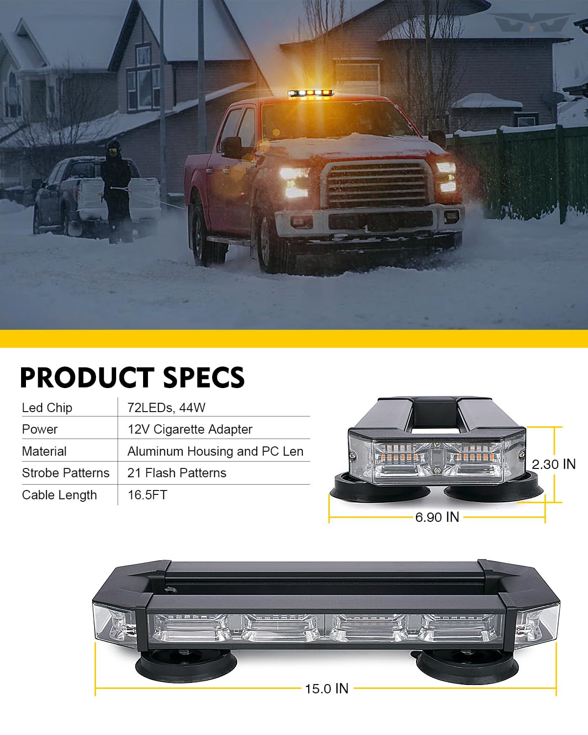 LUMENIX White & Amber LED Emergency Strobe Light Bar with Magnetic Base - Heavy Duty Warning Flashing Beacon for Trucks, Construction Vehicles, Snow Plows, Postal Carriers | Rooftop Traffic Safety & Security Lighting for Work Zones, Roadside Emergencies