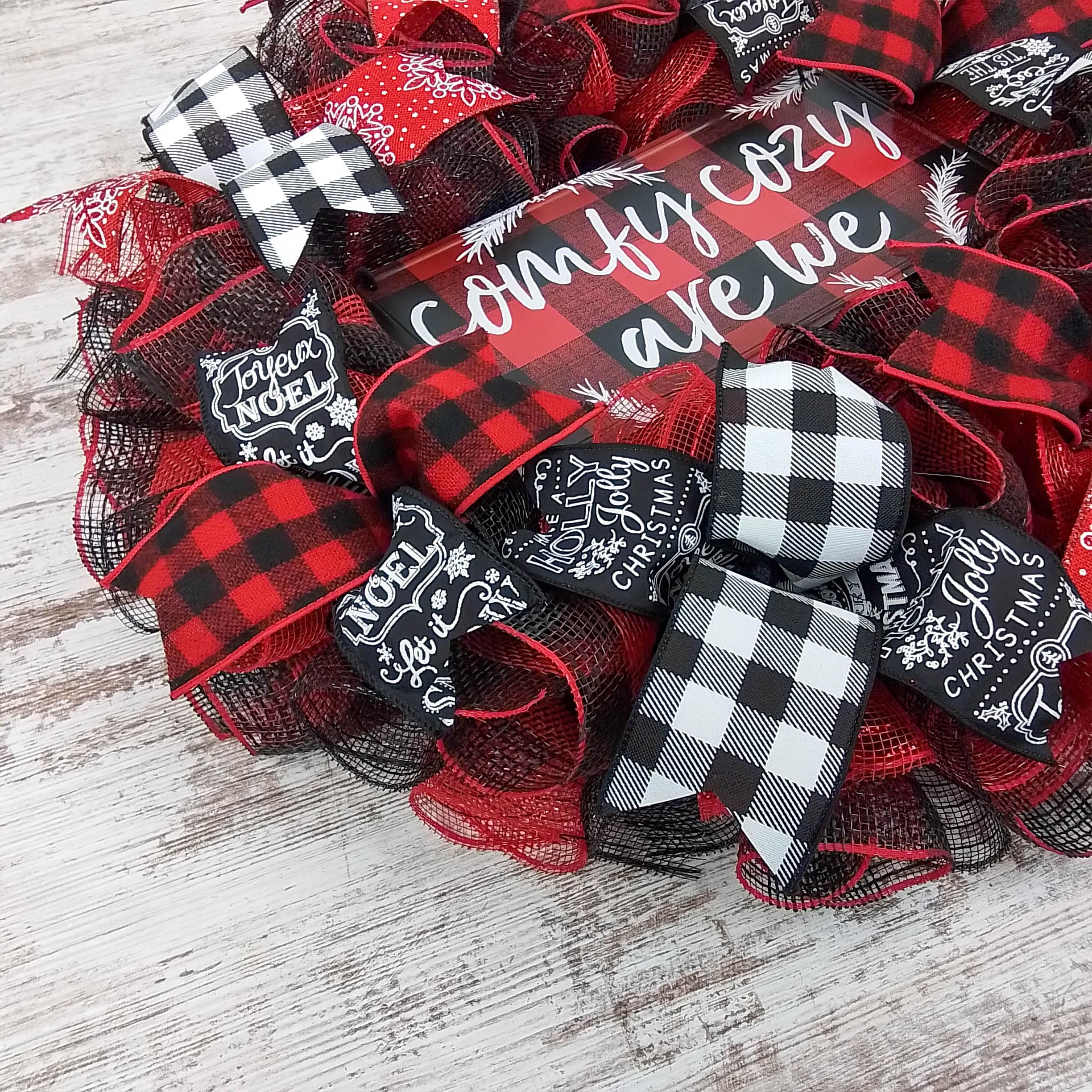 Buffalo Plaid Check Wreath - Red and Black Christmas Wreath for Front Door, Holiday Home Decor, Cozy Farmhouse Style | Perfect for Christmas Tree, Mantel, and Winter Porch Decorations
