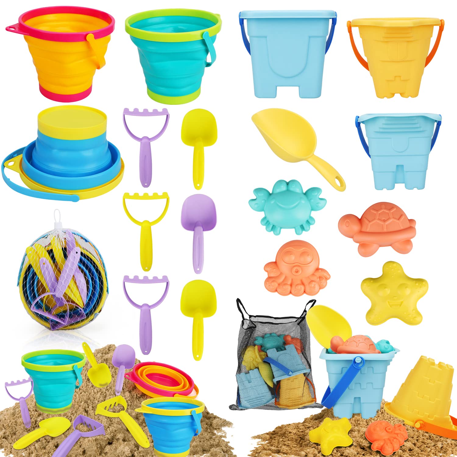 TOY Life Collapsible Beach Sand Toys for Kids - Foldable Sand Bucket, Shovel & Rake Set for Toddlers | Portable Travel Sandbox Toys | Perfect for Beach, Backyard & Outdoor Play