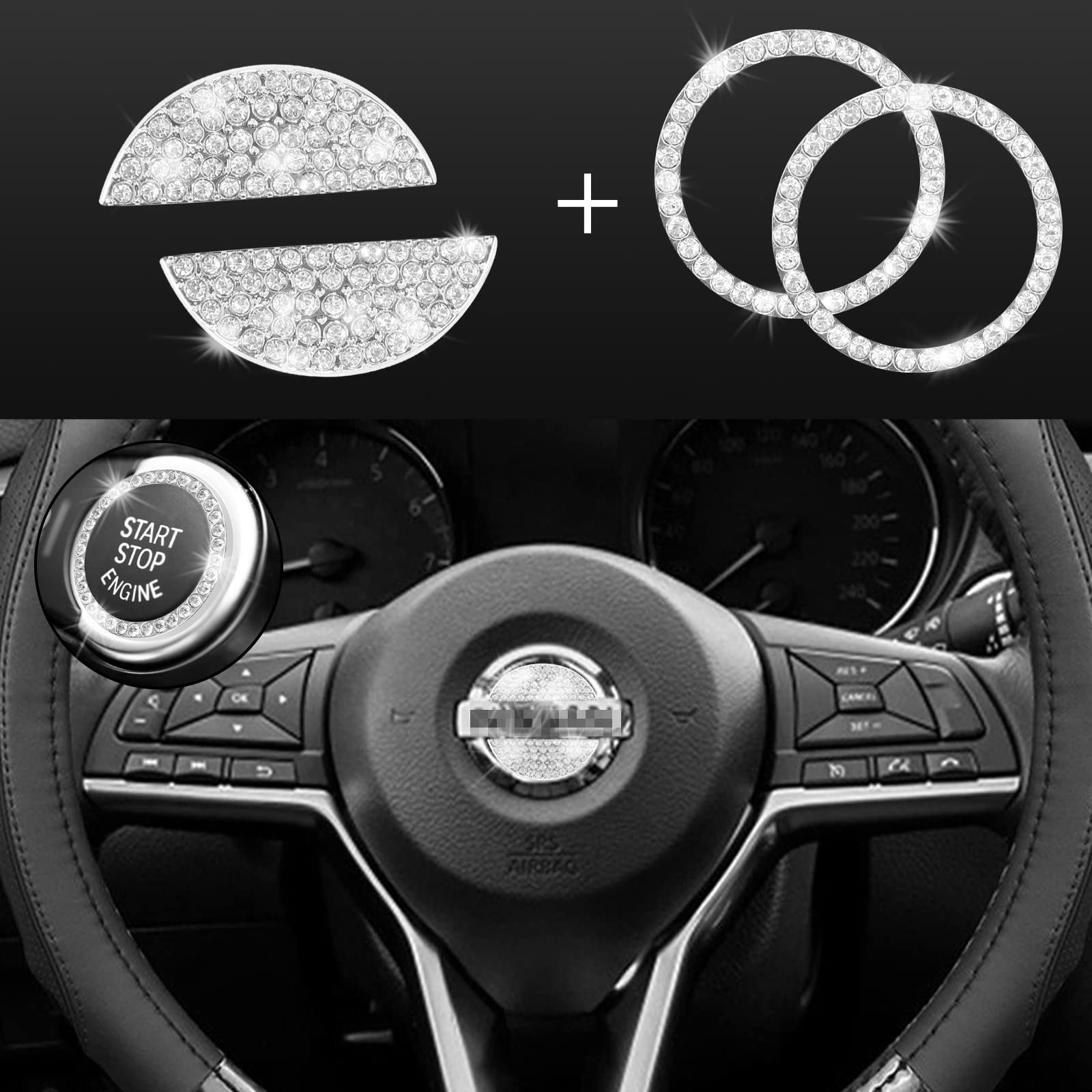 JINGSEN Rhinestone Steering Wheel Cover - DIY Bling Crystal Decal Sticker for Nissan Maxima, Altima, Sentra, Pathfinder, Kicks - Luxury Car Interior Accessories for Women & Girls (Perfect for Parties, Weddings & Special Occasions)