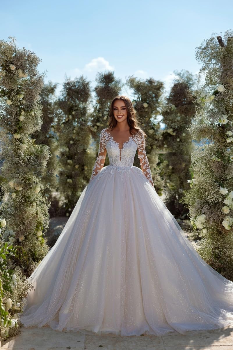 2024 Elegant Princess Long Sleeve Wedding Dress - Tulle Lace Ball Gown Bridal Gown for Women | Perfect for Church Ceremony, Royal Wedding & Formal Bridal Events