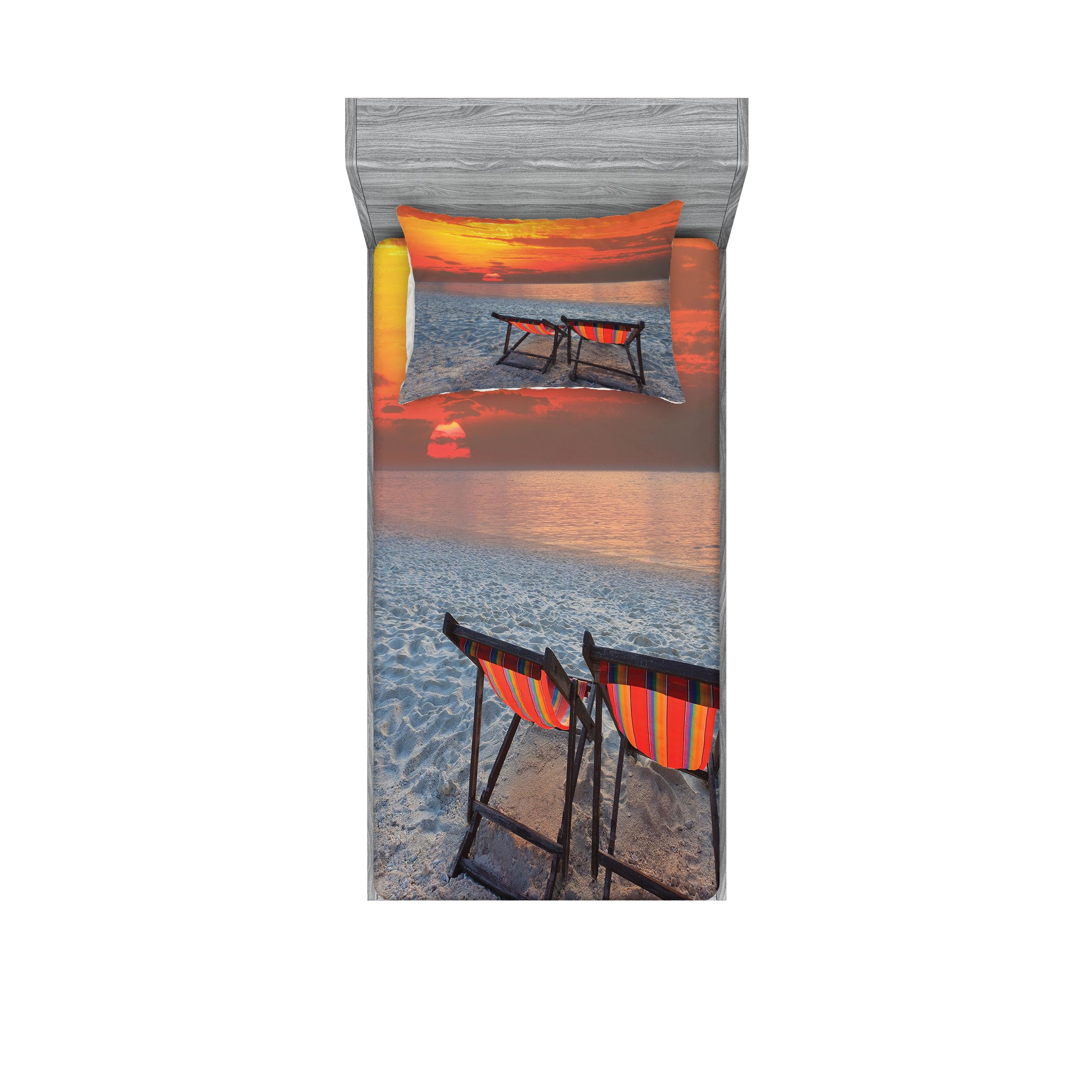 Ambesonne Seaside Fitted Sheet & Pillow Sham Set - 2 Piece Coastal Decor Bedding with Colorful Beach Sunset Design, Twin Size in Orange Red Grey - Perfect for Beach House, Vacation Rental or Coastal Themed Bedroom Decor