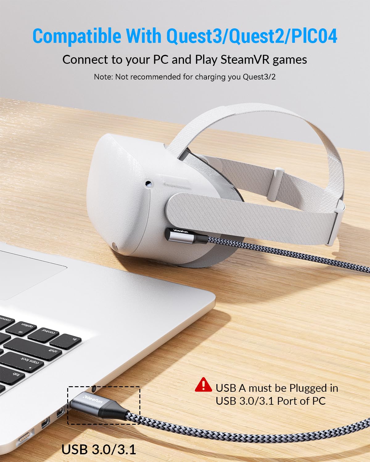 CLEEFUN 16ft Braided USB 3.0 to USB-C Cable for Meta/Oculus Quest 3, Quest 2 Pro & Pico 4 VR Headsets - 5Gbps High-Speed Data Transfer for PC VR Gaming & Virtual Reality Accessories - Perfect for Immersive Gaming & Extended Play Sessions