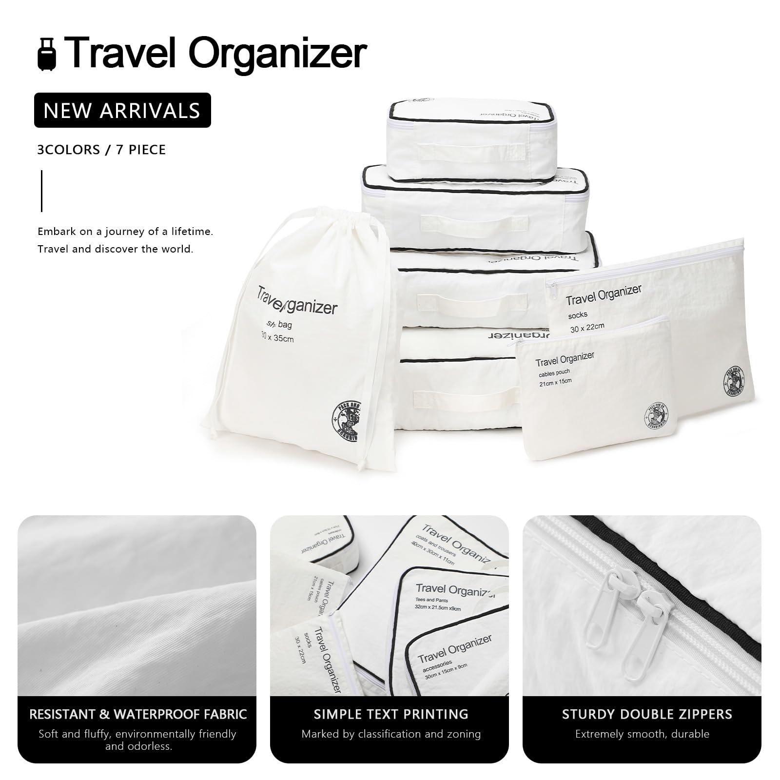 7-Piece Lightweight Packing Cubes Set - Durable & Foldable Luggage Organizer Bags for Travel Accessories (White) | Perfect for Business Trips, Vacations & Weekend Getaways
