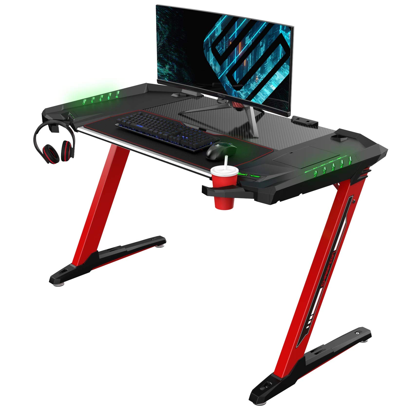 EUREKA ERGONOMIC 50 Inch Z-Shaped LED Gaming Desk with Cable Management, Headphone Hook & Cup Holder - Includes Free Mouse Pad (Red) - Perfect for PC Gaming, Streaming & Home Office Setup