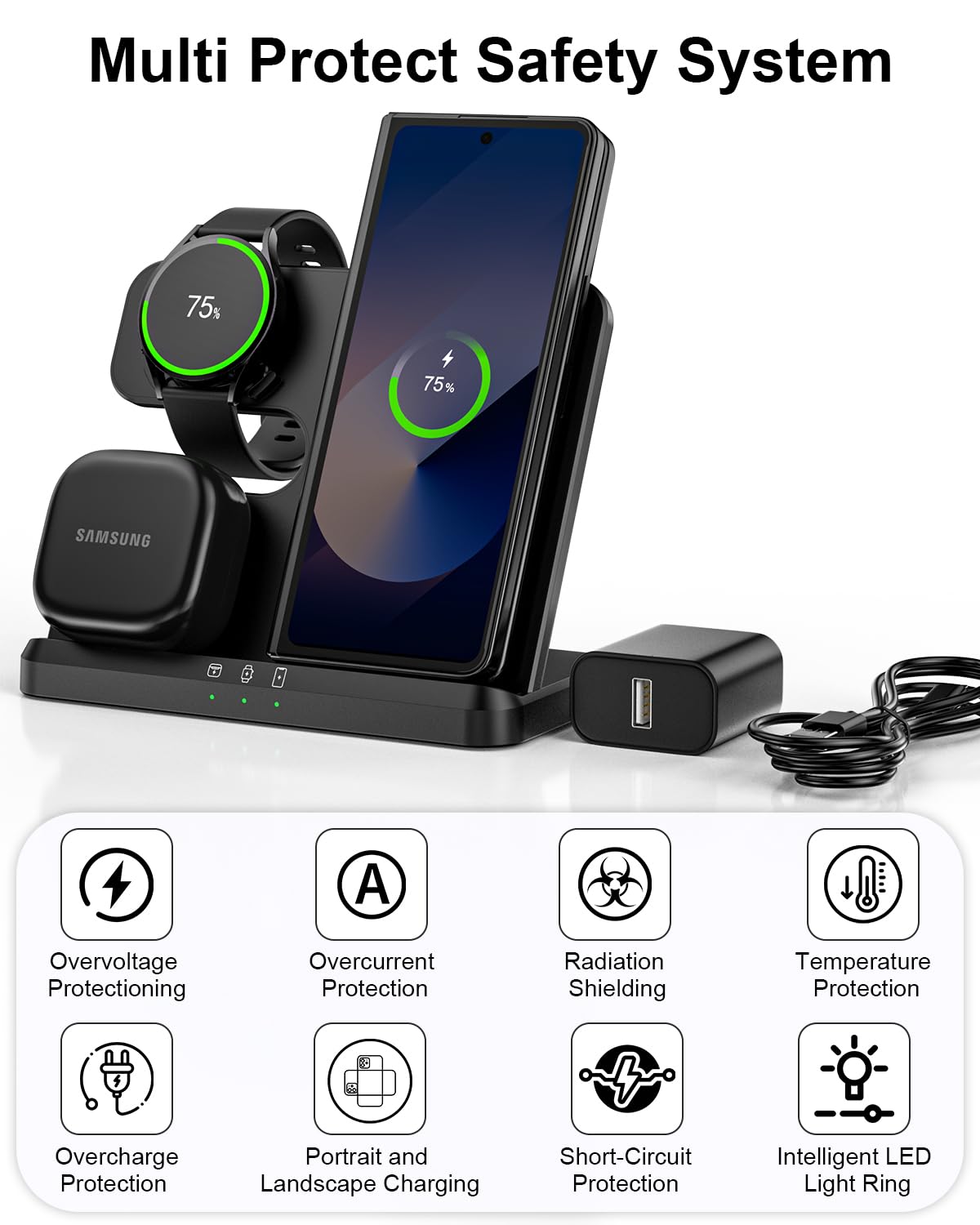 18W Fast Wireless Charger for Samsung Galaxy S25/S24/S23/Z Fold 6/Flip 6/Buds & Watch 7/6/5/4/3 | 3-in-1 Charging Station | Perfect for Office Desk, Home Nightstand, Bedside Table & Travel Use
