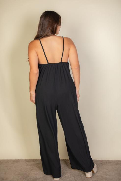 Plus Size Spaghetti Strap Wide Leg Jumpsuit - Women's Solid Color Romper for Casual Wear, Summer Outfits & Beach Vacations