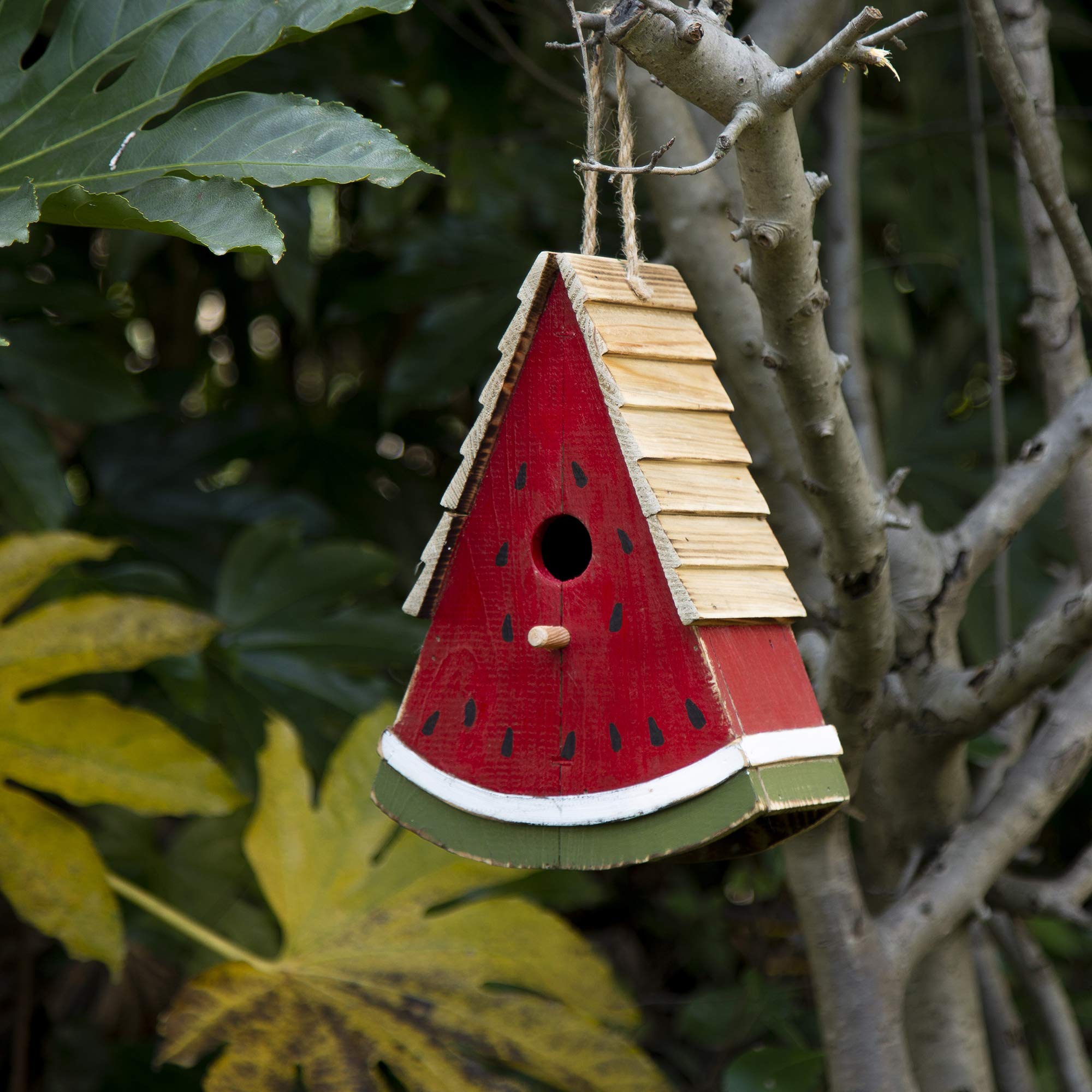 Glitzhome 11-Inch Handmade Distressed Solid Wood Watermelon Bird House - Outdoor Garden & Patio Decoration for Birds - Perfect for Backyard, Lawn, and Nature-Inspired Decor