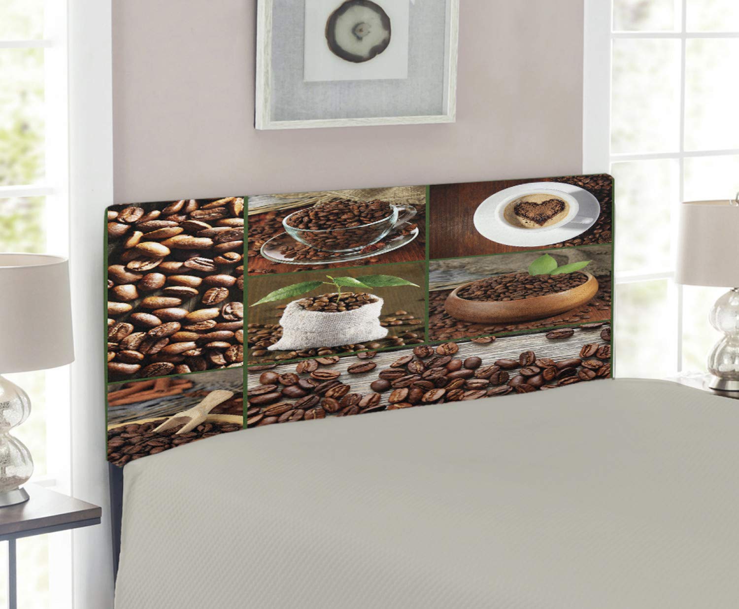 Ambesonne Brown Twin Size Upholstered Headboard with Memory Foam - Coffee Beans & Cups Collage Design on Wooden Table with Green Leaves - Decorative Metal Bed Headboard for Bedroom, Guest Room, Dorm (Brown/Green)