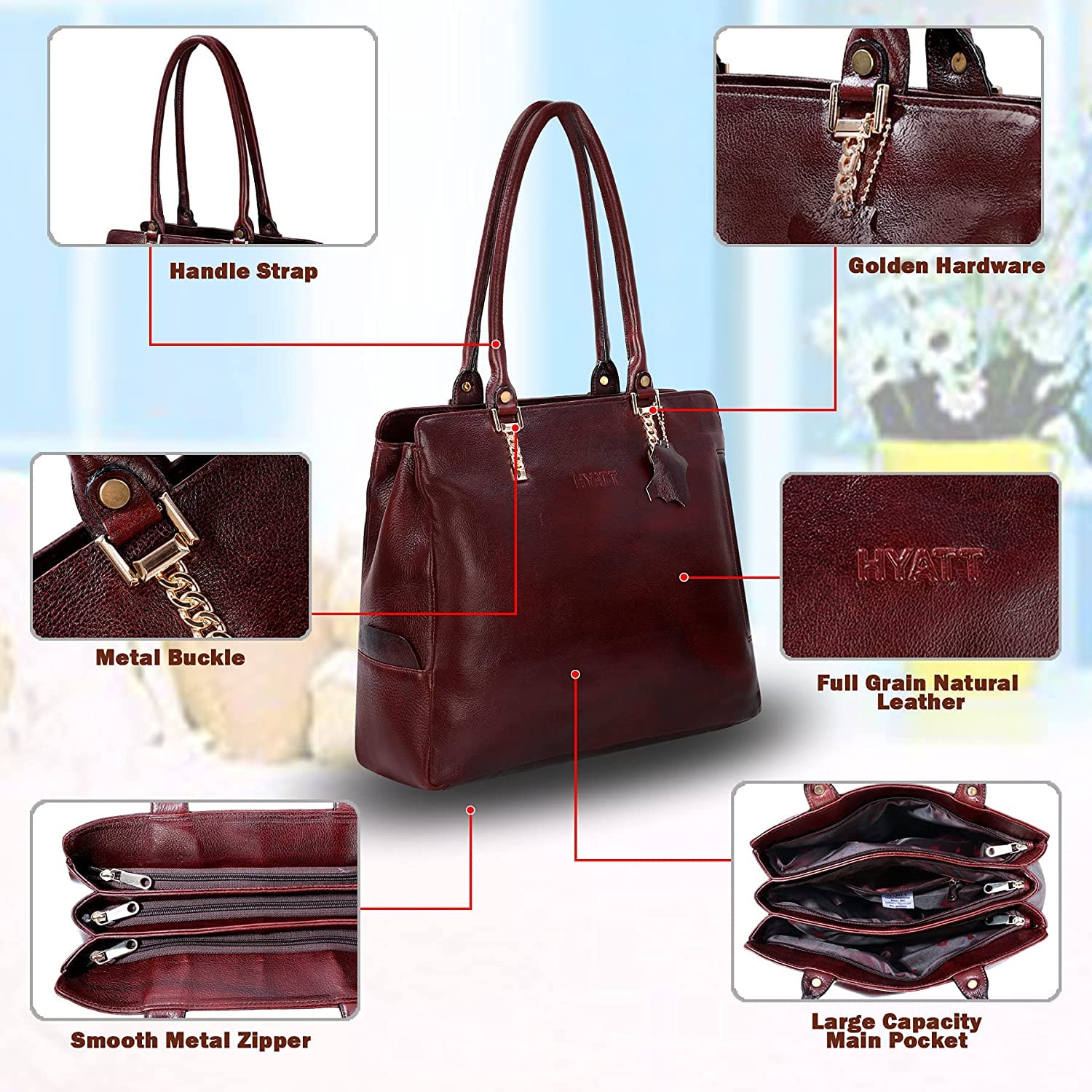 HYATT Women's Leather Tote Bag - Genuine Full Grain Leather Handbag for Office & Travel