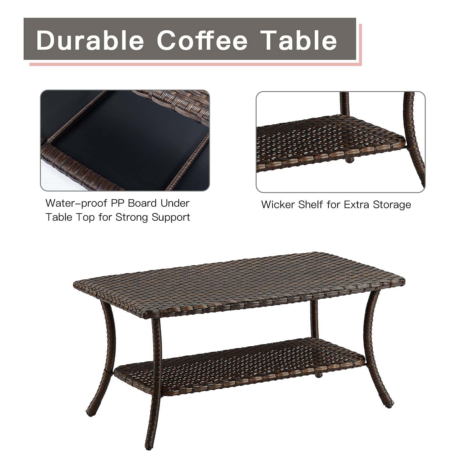 Brown Rattan Coffee Table with 2-Tier Storage Shelf & PP Board - Outdoor Patio Furniture for Garden, Balcony, and Poolside Conversations