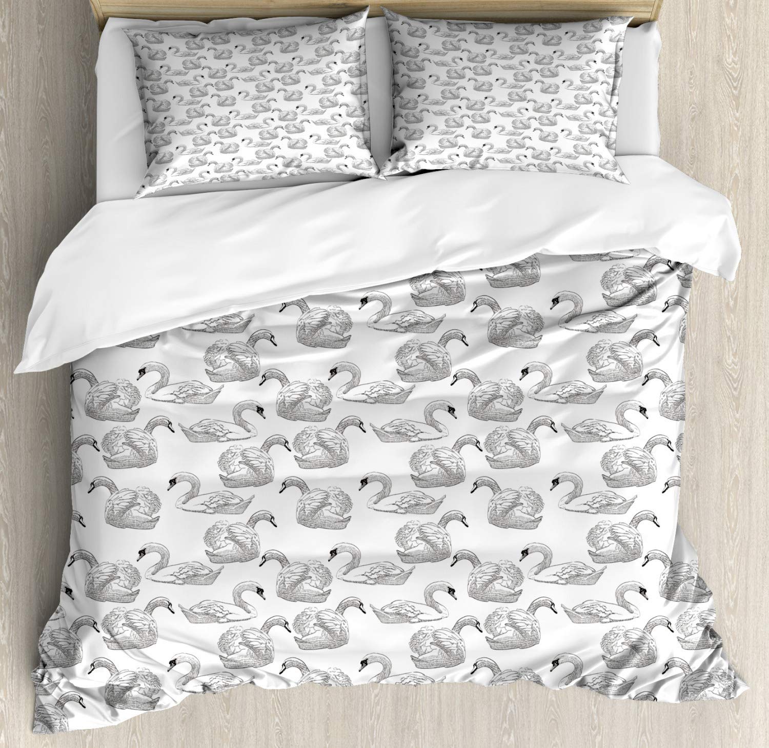 Ambesonne Swan Duvet Cover Set - Elegant Sketch Art of Swimming Waterfowls, 3-Piece Bedding Set with 2 Pillow Shams, California King Size, Black and White Design for Modern Bedroom Decor | Perfect for Master Bedroom, Guest Room, and Luxury Hotel Styling