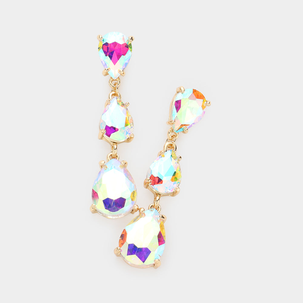 AB Triple Teardrop Dropdown Pageant Link Earrings in Gold | Elegant AB Crystal Dangle Earrings for Women | Perfect for Prom, Wedding & Evening Events | Jewelry Gift Idea 610134