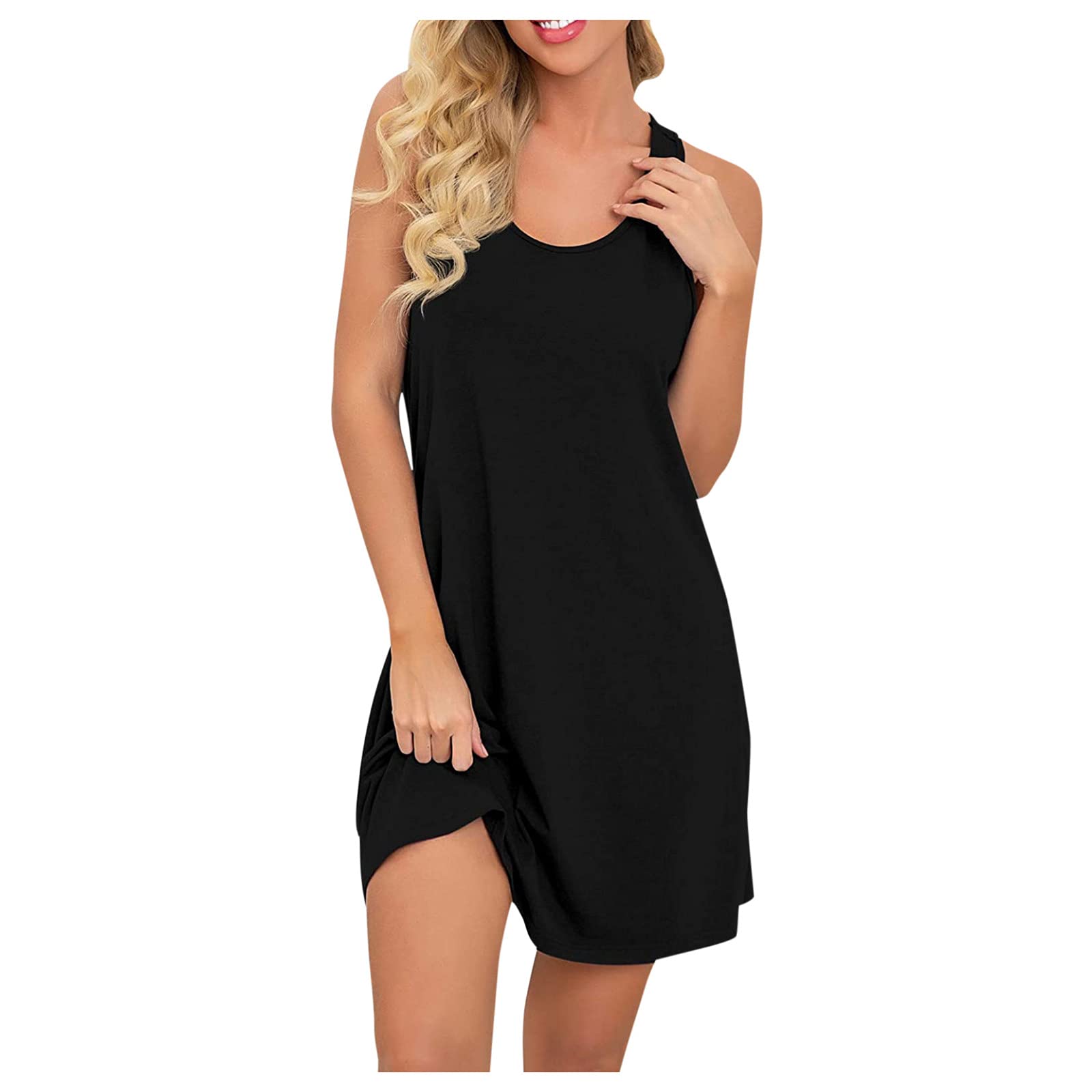 Wishcat Women's Summer Sleeveless Round Neck Solid Color Dress - Casual Nightdress for Teens, Perfect for Beach, Vacation, and Daily Wear