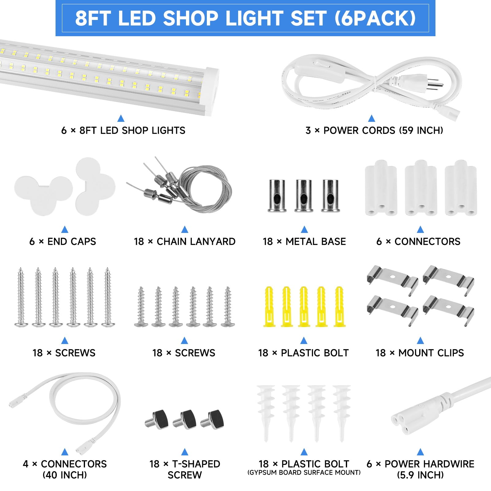 8FT LED Shop Light - 125W U Shape Integrated LED Tube, 6500K Daylight White, 20000LM Super Bright, Flush Mount or Hanging Linkable Ceiling Lights for Garage, Workshop, Warehouse - Plug & Play (6 Pack) - Perfect for Industrial, Commercial & Home Use