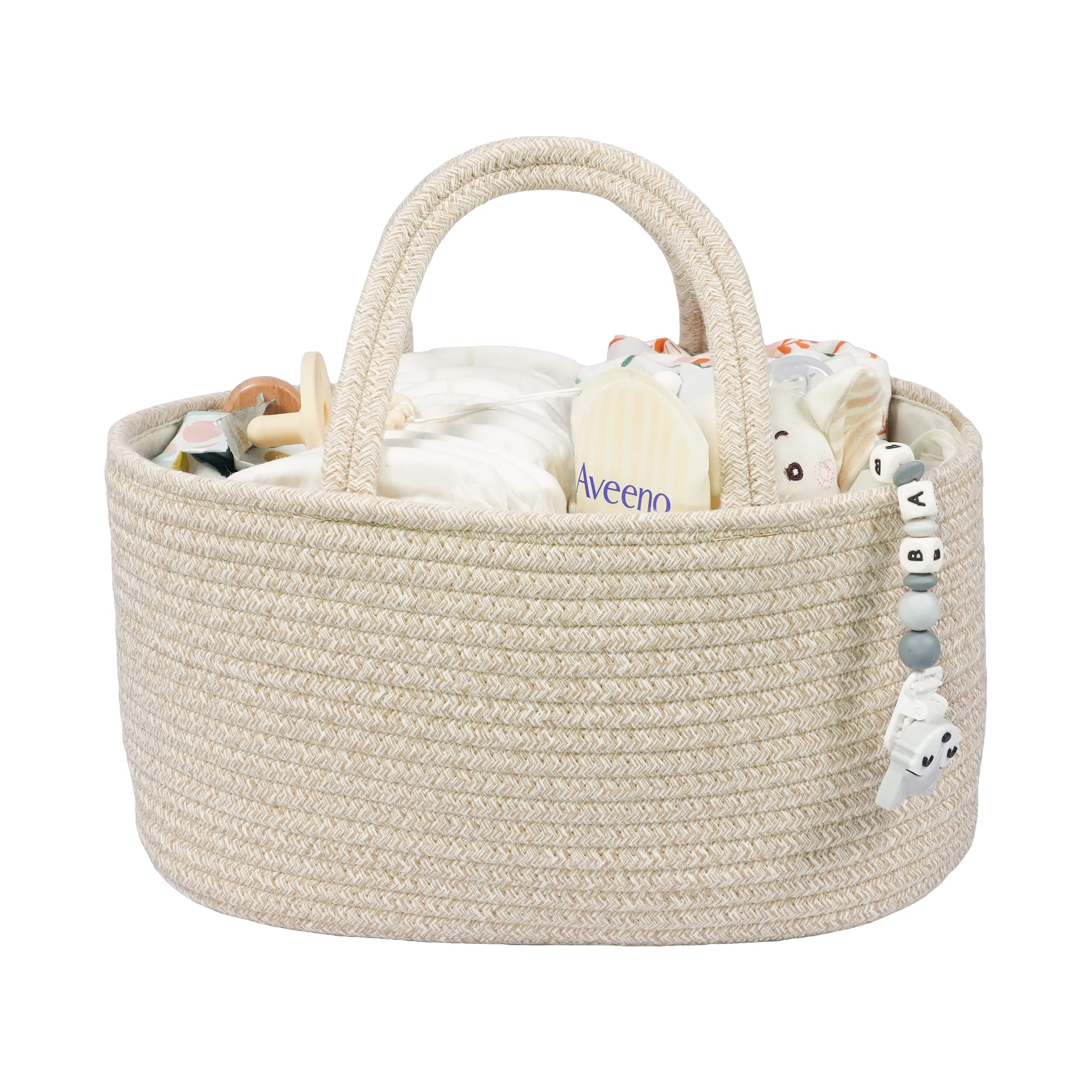 Baby Diaper Caddy Organizer - Cotton Rope Storage Bin Basket for Nursery, Changing Table & Travel - Portable Diaper Holder Tote for Boys & Girls - Perfect Baby Shower Gift & Newborn Registry Must-Have - Great for Home, Car & On-the-Go Parenting