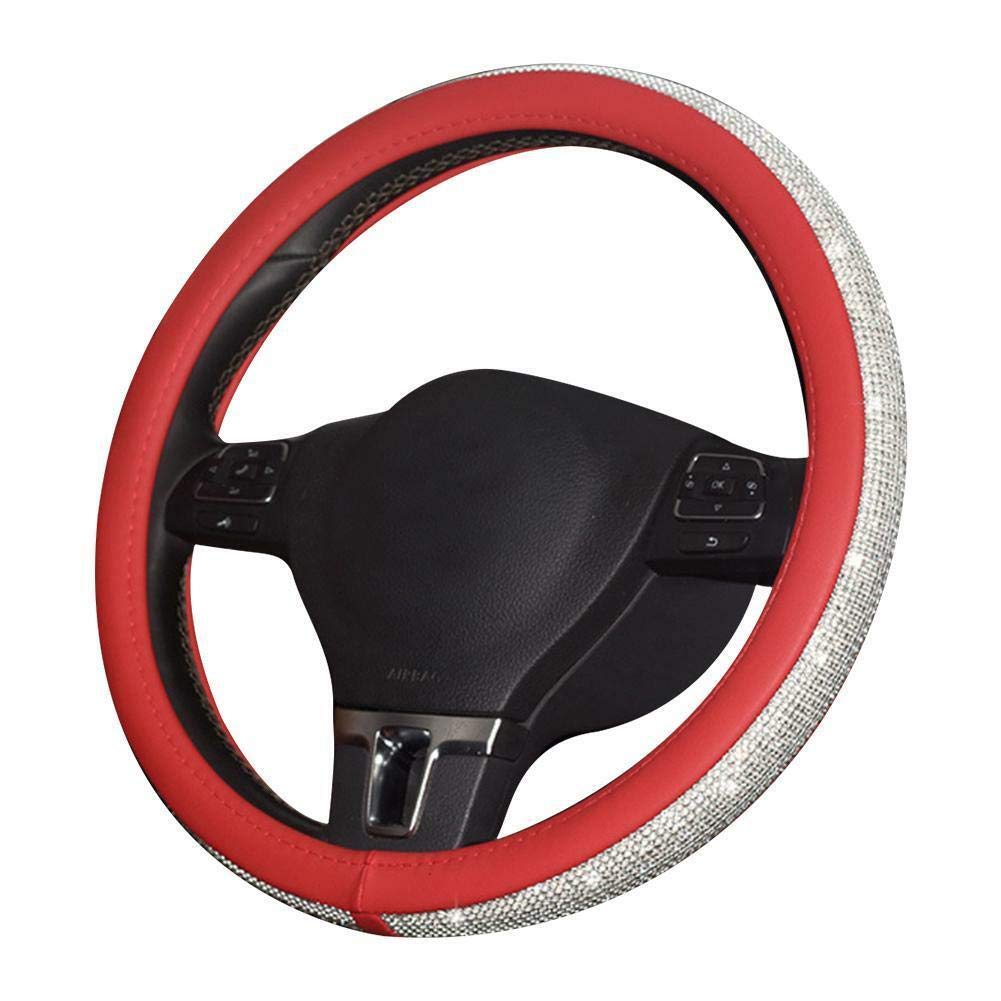 BLVD-LPF OBEY YOUR LUXURY Universal Steering Wheel Cover with Crystal Bling Ring - Red PU Leather Car Accessory for Auto Start Engine Ignition Button Key | Perfect for Luxury Car Interior Upgrade & Safe Driving Experience