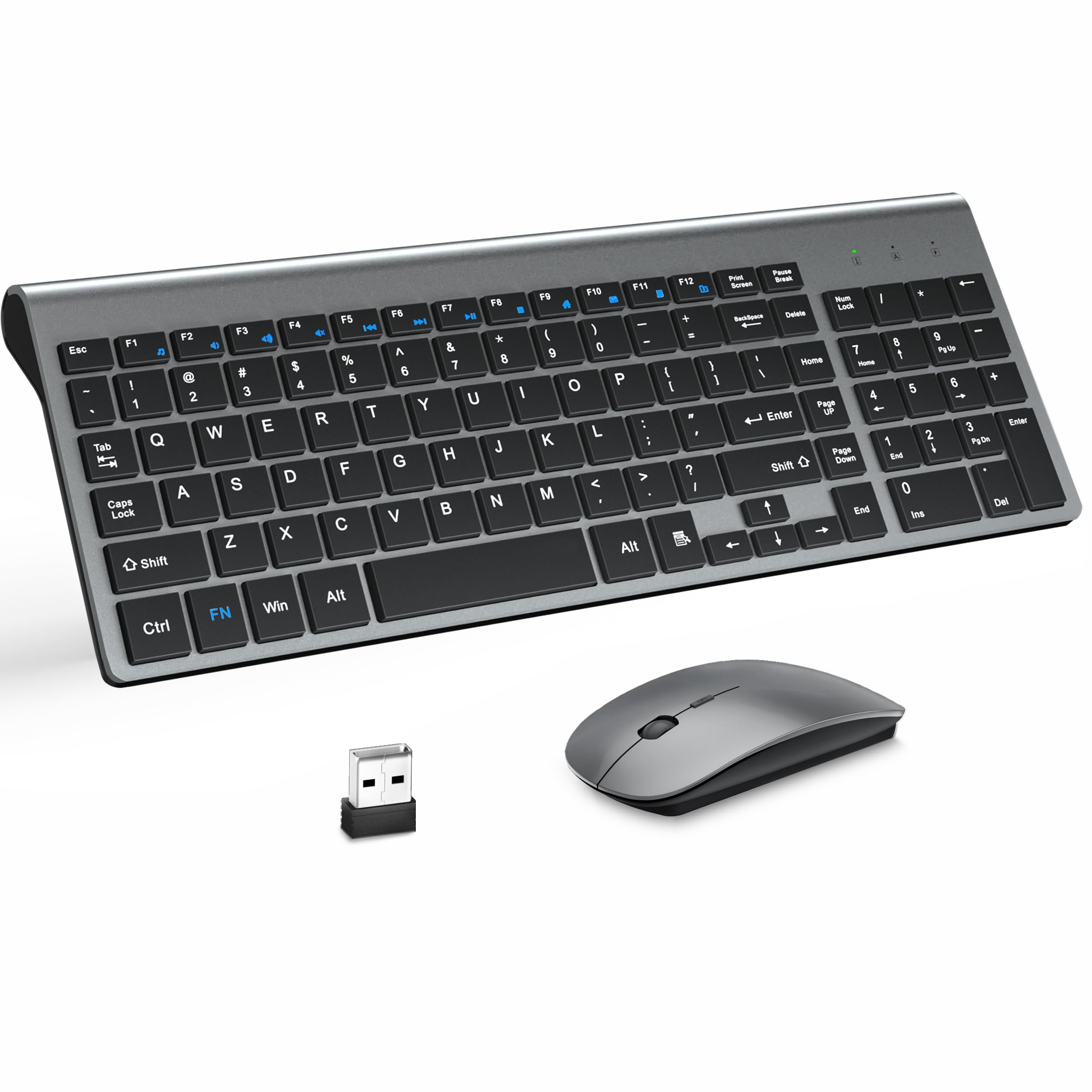 MOOJAY Ultra Slim Wireless Keyboard and Mouse Combo with Mouse Pad - 2.4G USB Quiet Scissor Switch Keyboard & Mouse Set with Protective Cover, Includes 2 AA & 2 AAA Batteries - Perfect for Laptop, PC, Windows (Gray Black) - Ideal for Home Office, Gaming & Remote Work