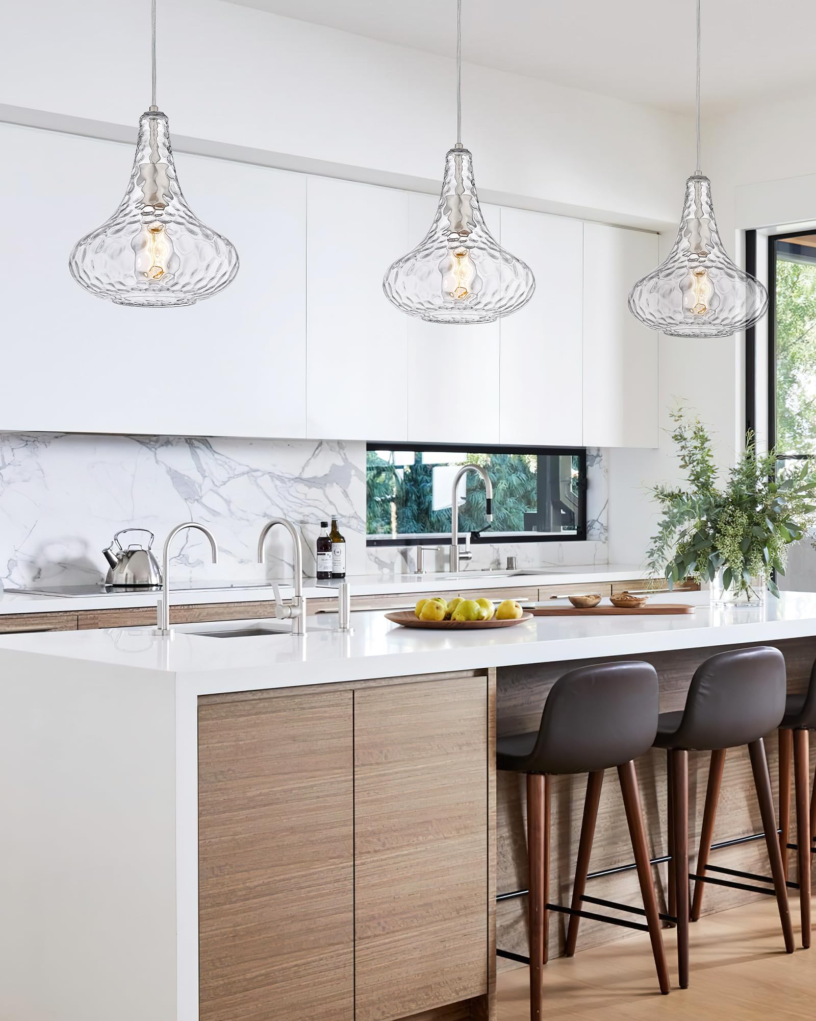 AUTELO Hammered Glass Pendant Light Fixture - Modern Kitchen Island Lighting for Dining Room, Living Room & Bar | Dimmable Hanging Light for Home Decor H9164