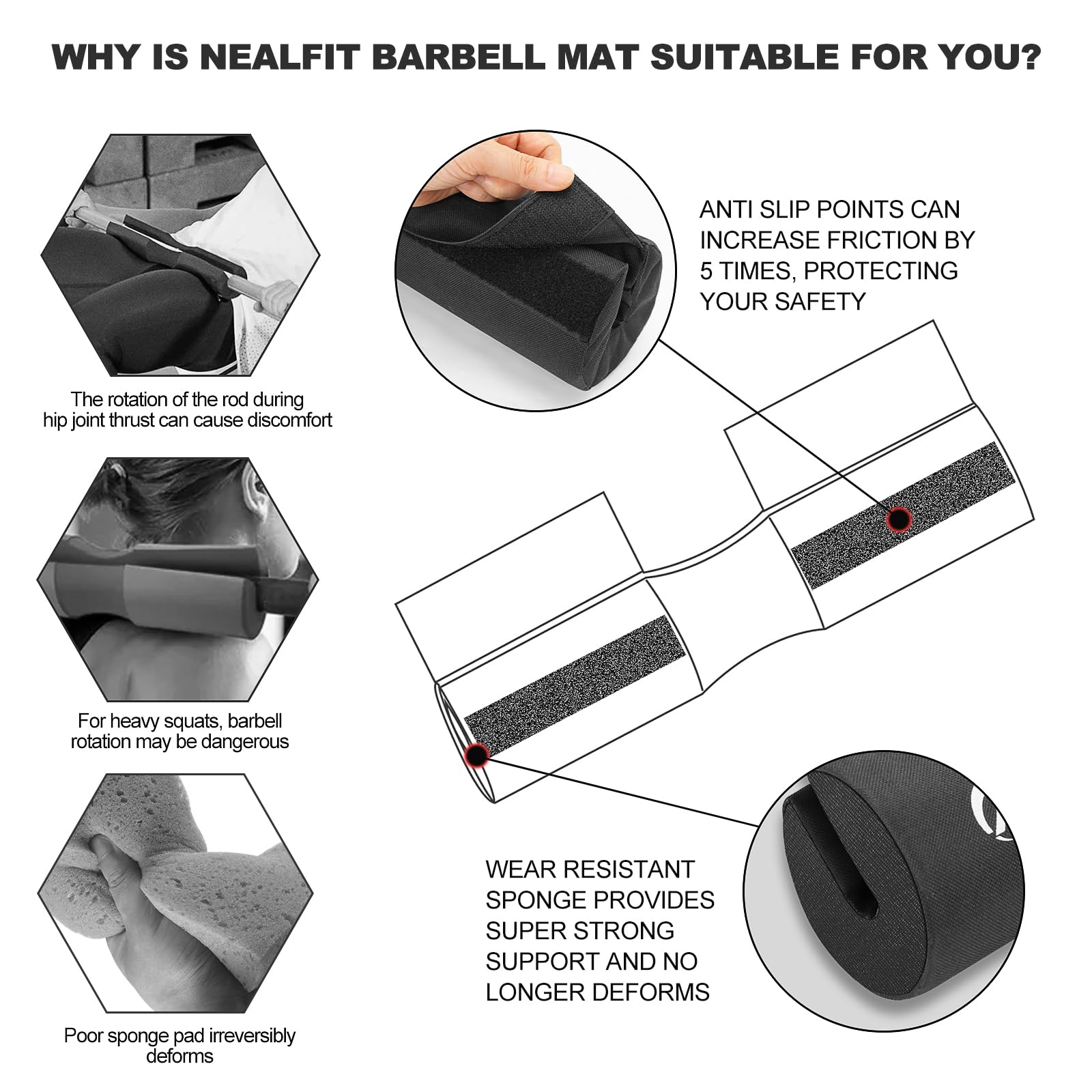 Barbell Squat Pad with Thick Nylon Padding - Hip Thrust & Shoulder Support for Squats, Lunges - Fits Olympic & Standard Weight Bars - Perfect for Home Gym & CrossFit Workouts