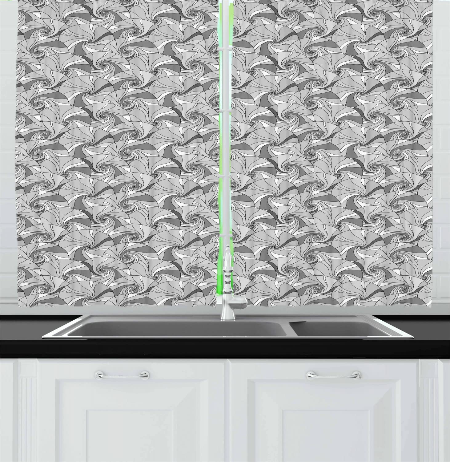 Ambesonne Grey Long Kitchen Curtains - Abstract Doodle Circles & Spiral Stripes Design, 2 Panel Rod Pocket Drapes 55