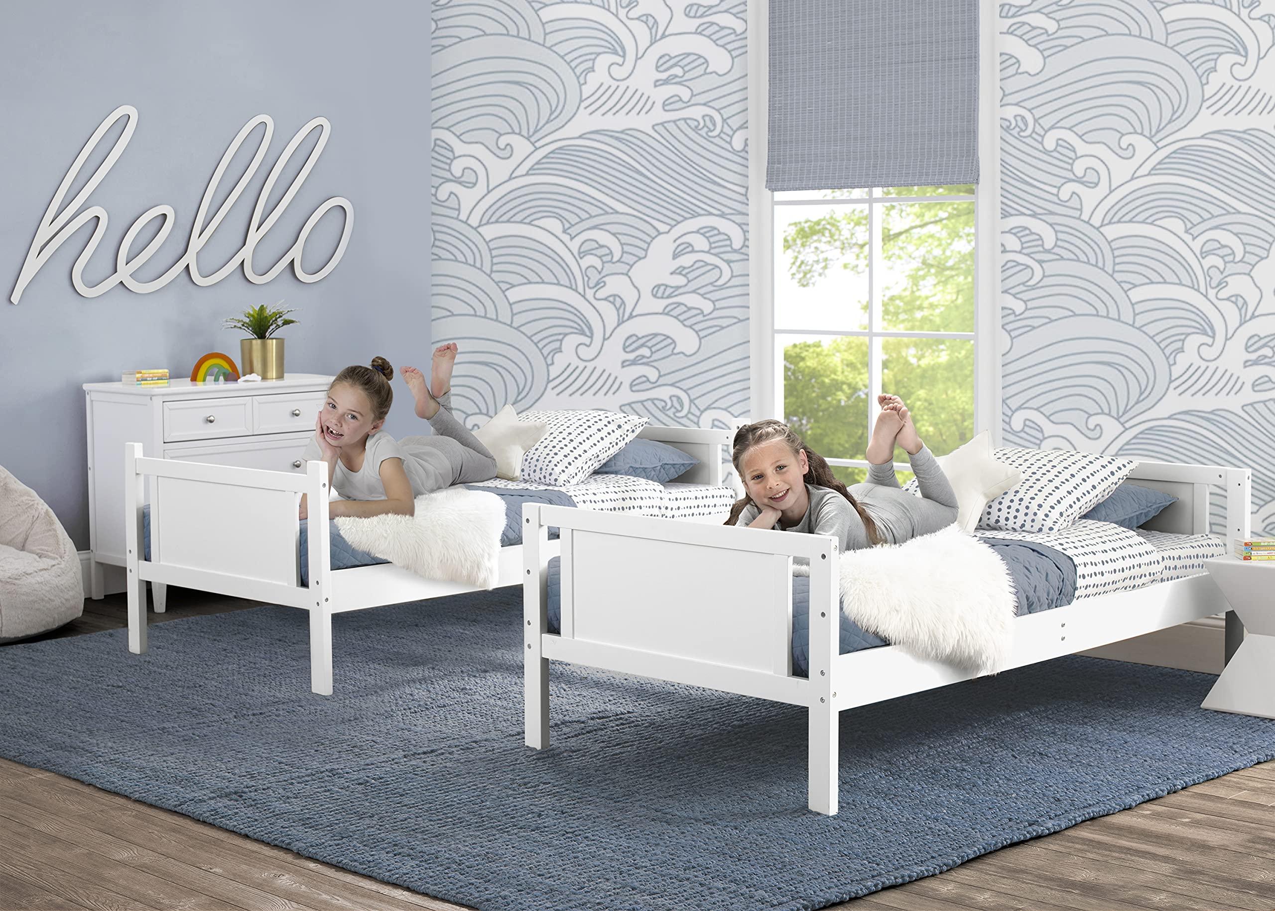 Delta Children White Convertible Twin Over Twin Wood Bunk Bed with Ladder & Guardrails - Converts to 2 Standalone Twin Beds - Sturdy & Safe Kids Bedroom Furniture for Small Spaces - Ships in 2 Boxes | Perfect for Shared Kids Rooms, Sleepovers & Space-Saving Solutions