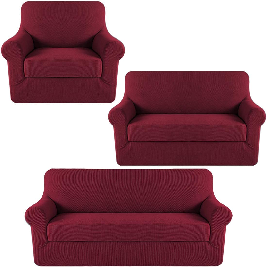 H.VERSAILTEX Stretch Sofa Covers for 3 Cushion Couch - 2 Piece Spandex Slipcover Set for Loveseat & Chairs (Burgundy) - Perfect for Living Room Furniture Protection & Style Upgrade