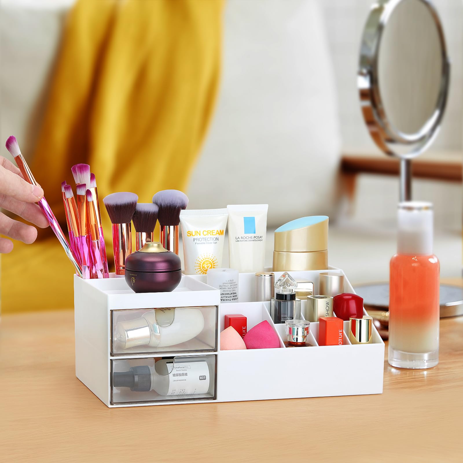 LETURE Desk & Vanity Organizer Box - White Cosmetic Makeup Storage for Eyeshadows, Skincare, Concealers, Powders & Nail Polish | Perfect for Bathroom Counter, Dressing Table & Office Desk Organization