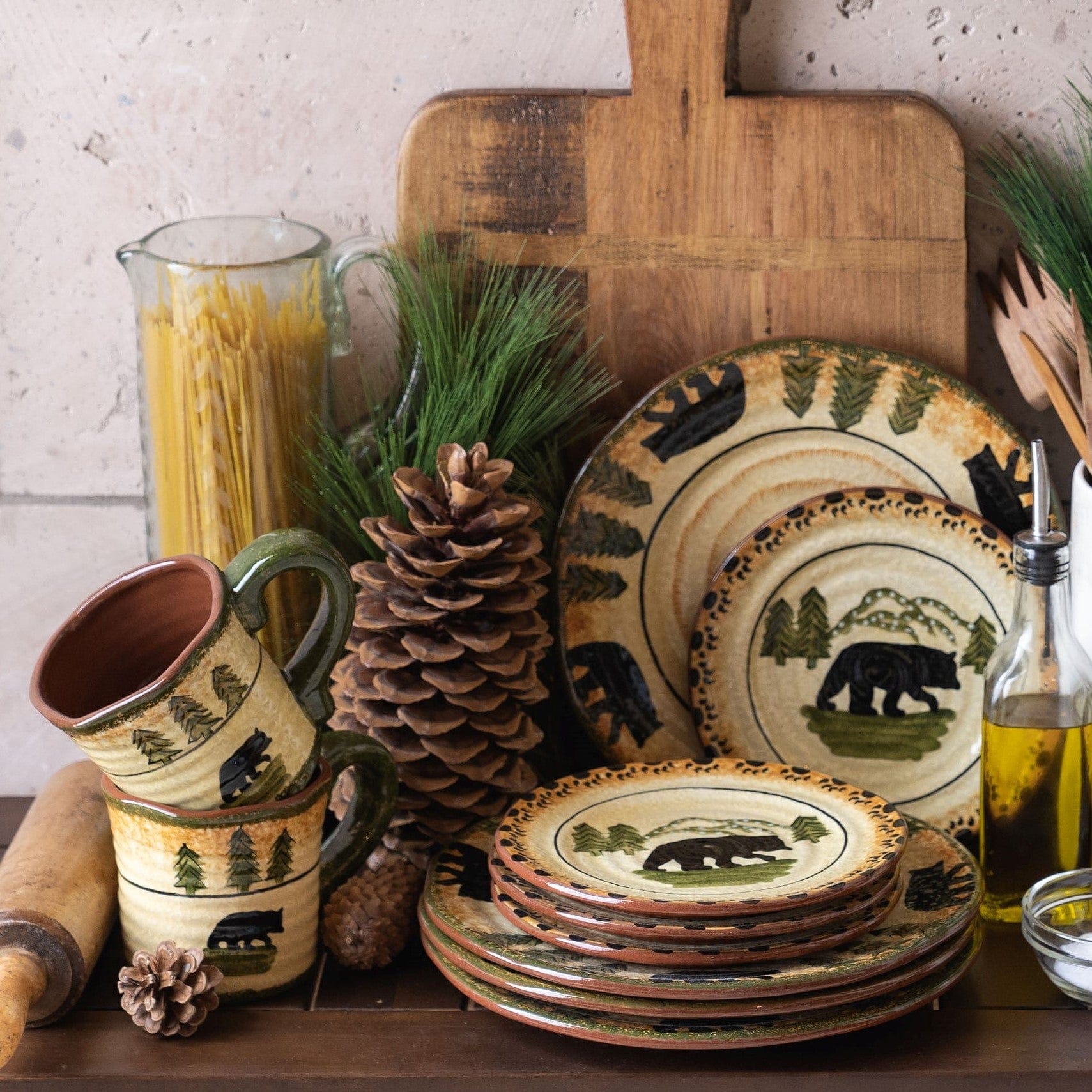 Rustic Bear 16-Piece Ceramic Dinnerware Set - Elegant Stoneware Plates, Bowls & Mugs for Family Dining, Entertaining & Restaurant Use