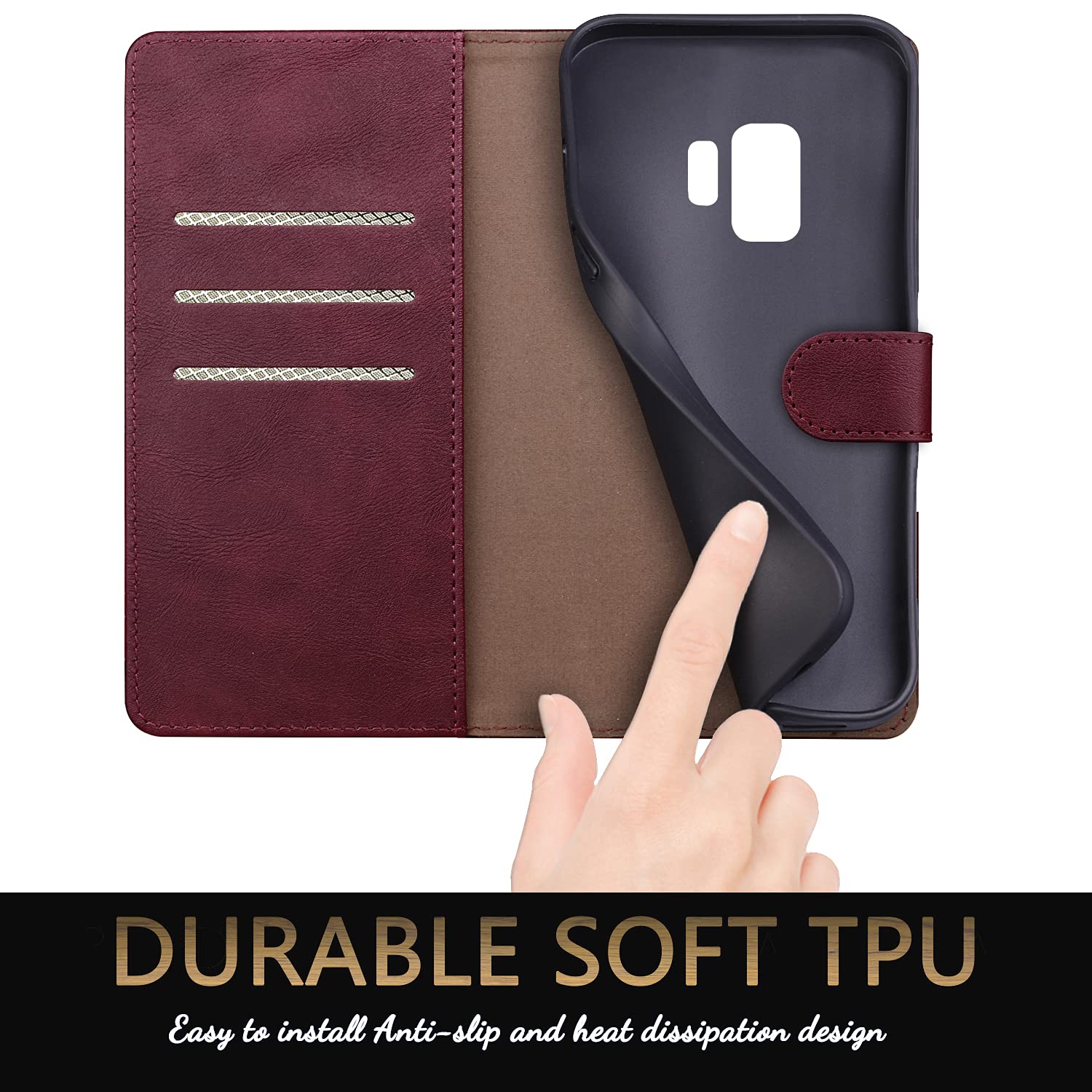 SUANPOT RFID Wallet Case for Samsung Galaxy S9 - Shockproof Leather Cover with Card Holder (Wine Red) for Daily Use