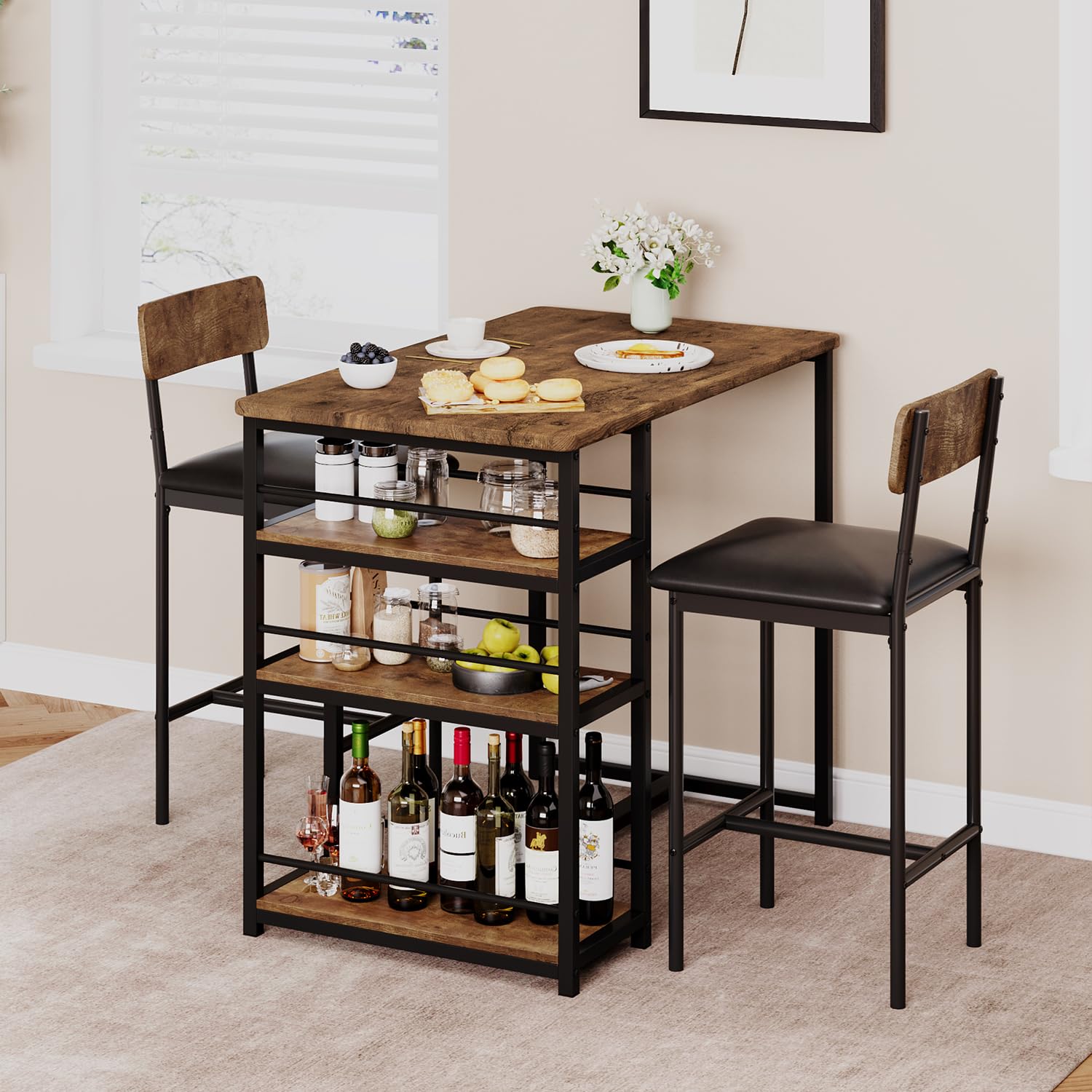 Rustic Brown 3-Piece Counter Height Kitchen Table Set with 3 Storage Shelves & 2 Upholstered Bar Stools - Space Saving Dining Set for Small Apartments, Breakfast Nook, Kitchen Island or Compact Dining Areas