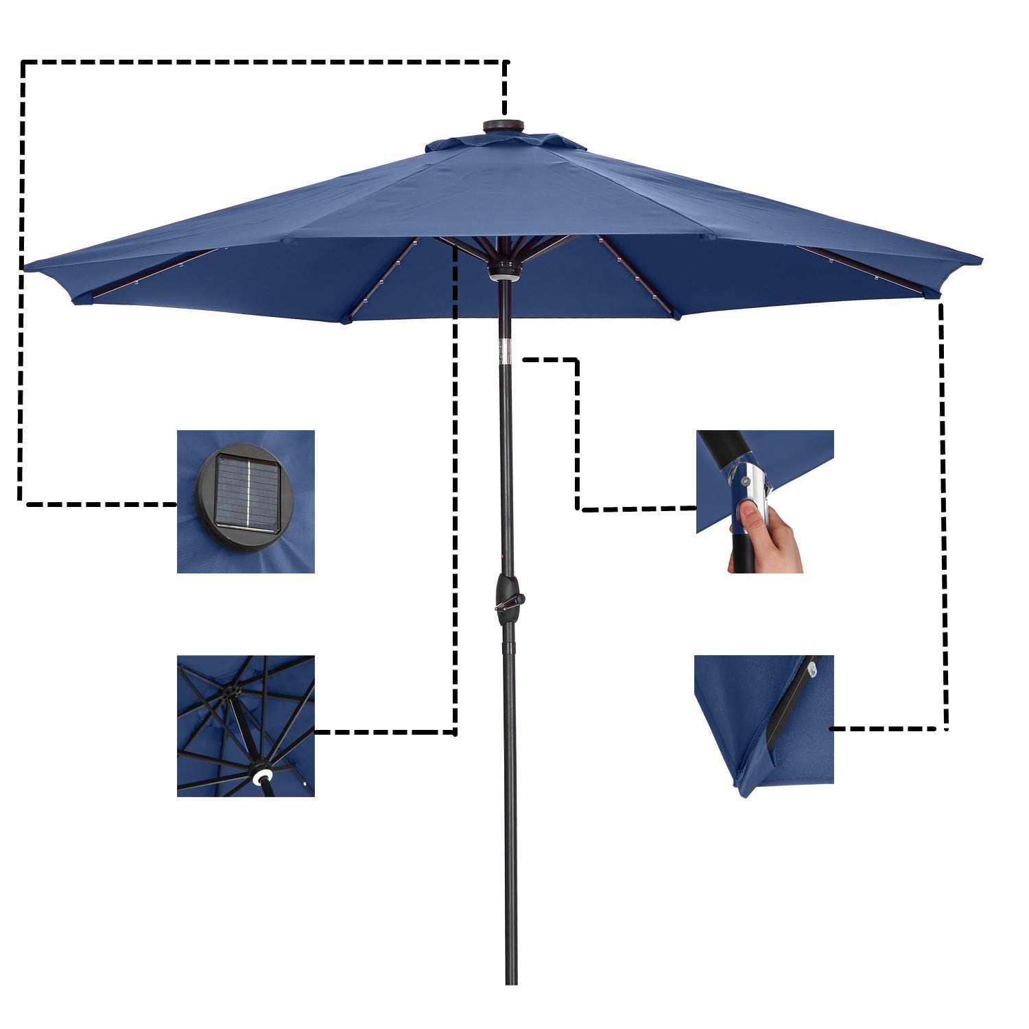 10ft Solar LED Patio Umbrella with 40 Lights - Navy Blue Outdoor Garden Umbrella for Backyard, Poolside & Patio Decor