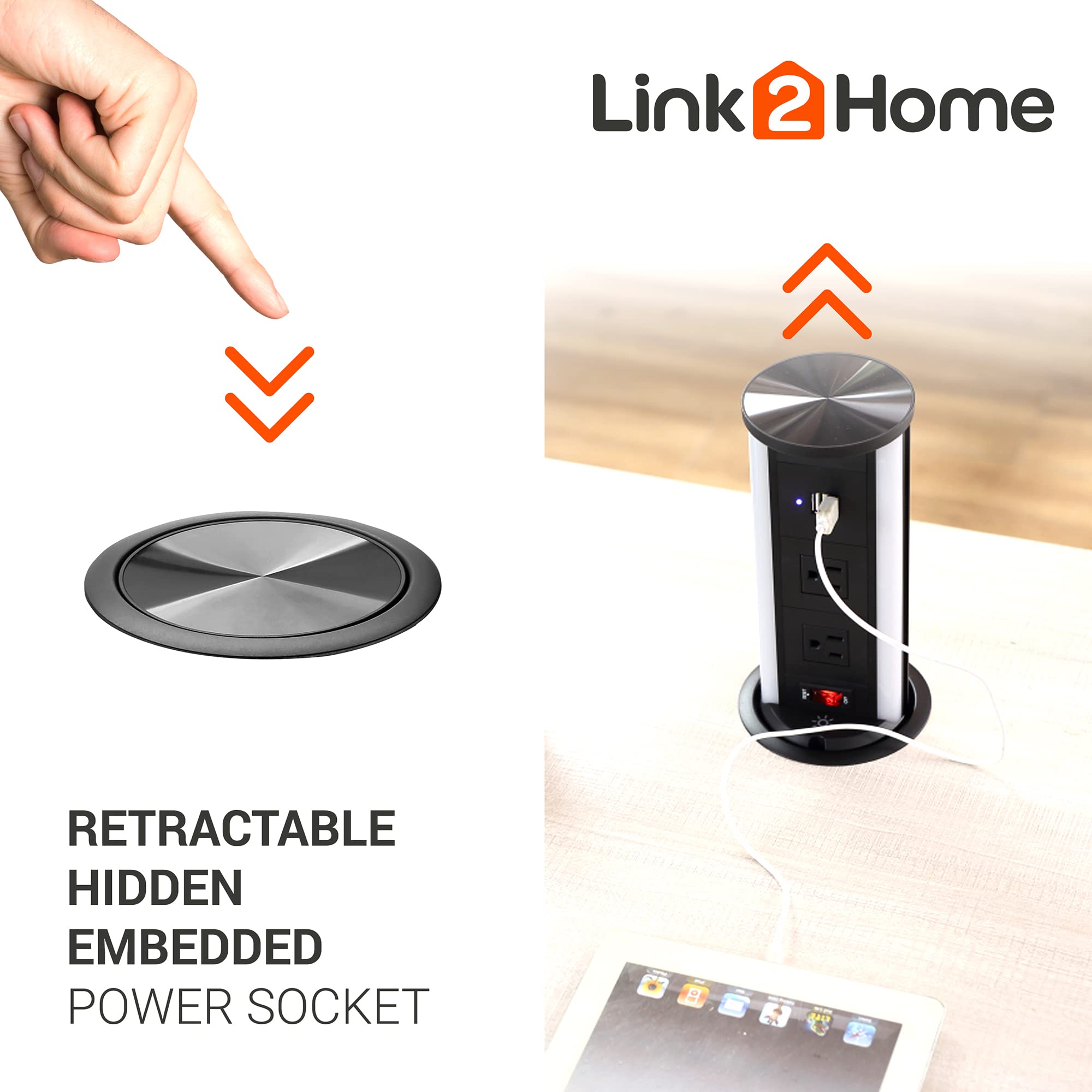 Link2Home Automatic Pop Up 10W Wireless Charging Station with 2 Power Outlets (15A) & 2 USB Ports (3.4A) - Splash Resistant, Black Anodized Finish - Perfect for Kitchen Counter, Office Desk, Workshop & Home Use