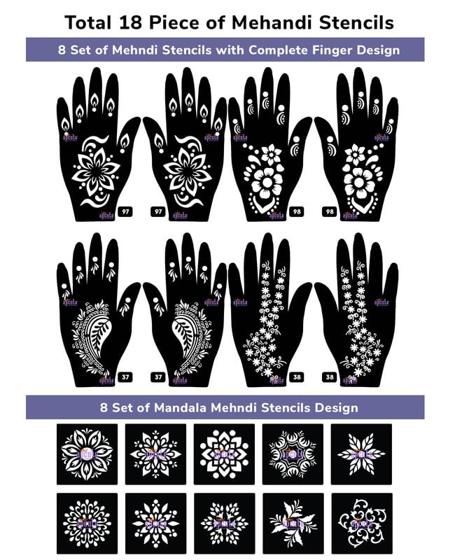Apcute 18pc Combo Pack Henna Stencil Stickers - Temporary Tattoo Mehndi Designs for Women, Girls & Kids - Easy DIY Body Art for Parties, Weddings & Festivals