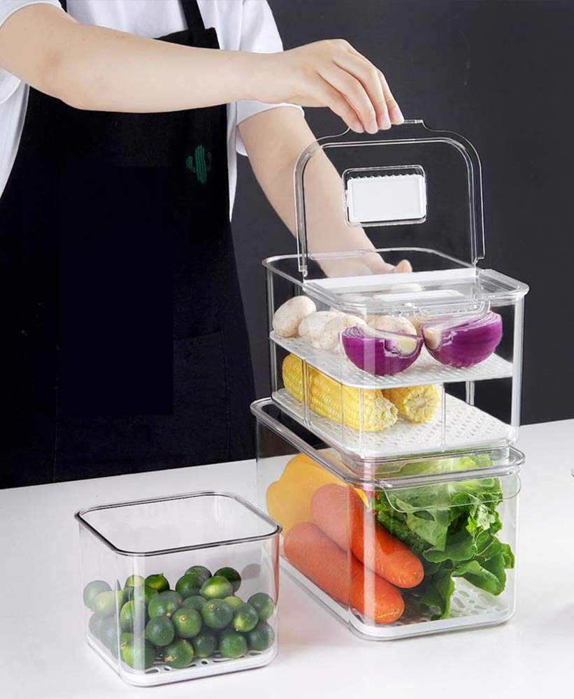 SANNO Airtight Vegetable & Fruit Storage Containers for Fridge - BPA-Free Food Storage Bins with Lids & Removable Drain Tray - Stackable Refrigerator Organizer Drawers for Fresh Produce - Perfect for Kitchen, Pantry & Meal Prep Organization