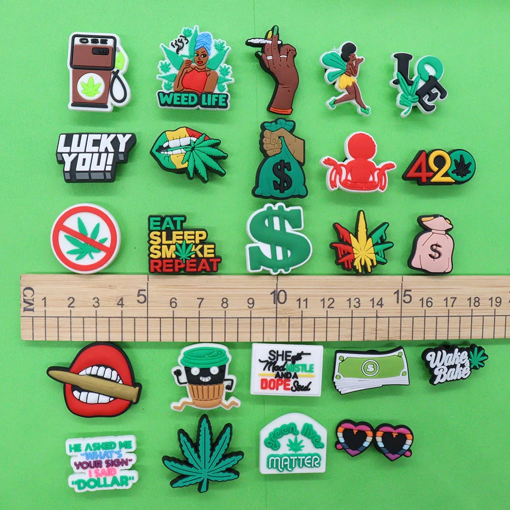 24Pcs PVC Shoe Charms for Clogs & Slippers - Tanker, Weed Life, Hand, Woman, Love Lips, Money & Coffee Designs - Fun Shoe Accessories for Women & Girls - Perfect for DIY Decor, Parties & Gifts
