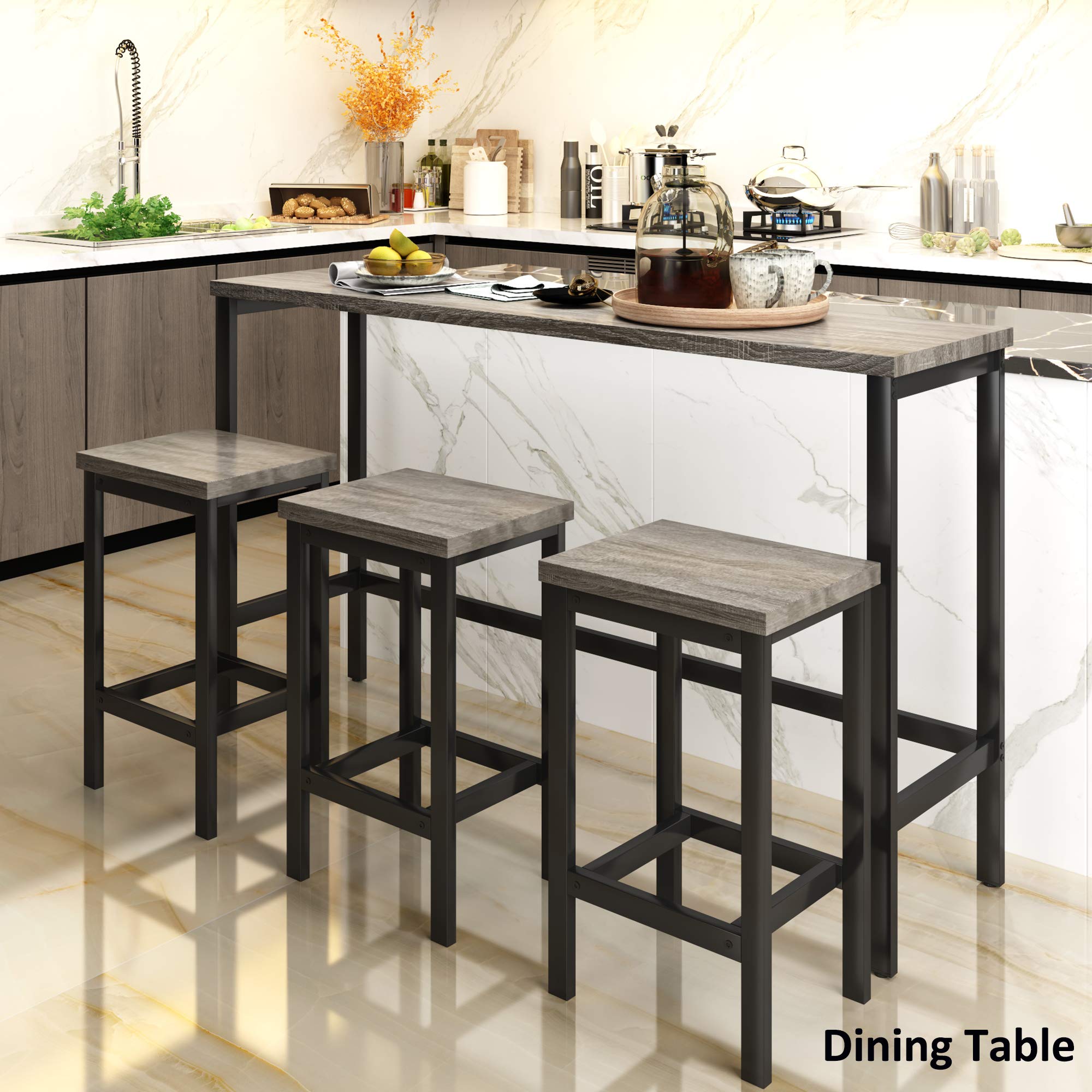 4-Piece Industrial Style Counter Height Dining Table Set with 3 Stools & Footrest - Extra Long Pub Table, Kitchen Bar Table for Small Spaces - Perfect for Breakfast Nook, Apartment Dining, or Home Pub (Gray & Metal Finish)