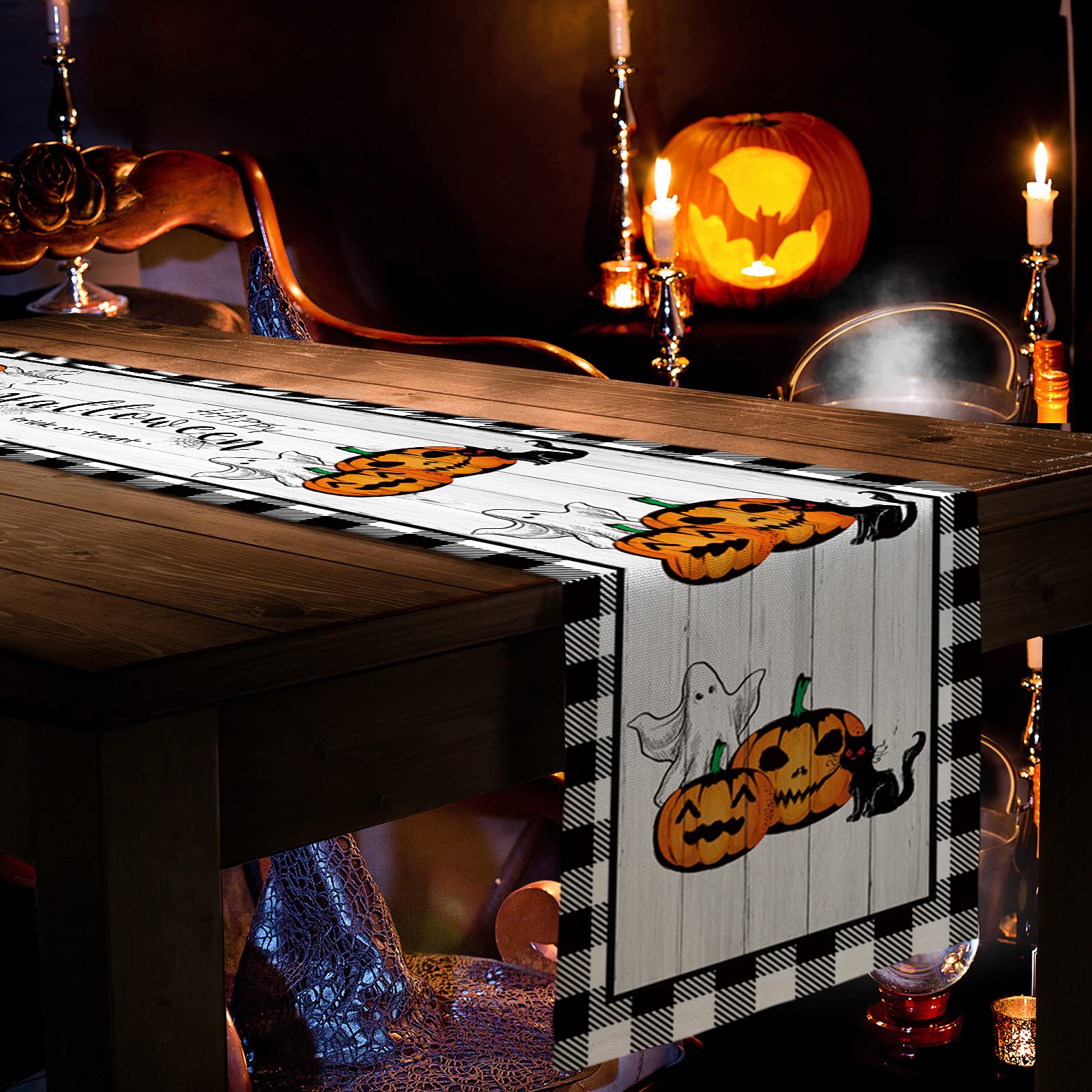 Halloween Burlap Table Runner 108 Inches - Black and White Buffalo Check Checkered with Pumpkins, Ghosts & Black Cat Design for Trick or Treat - Perfect for Home Kitchen, Party Dining & Coffee Tables Decorations
