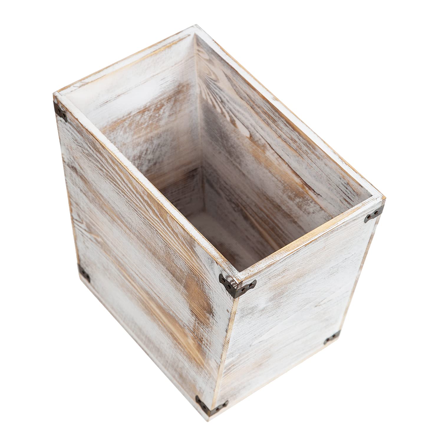 VERGOODR Grey Farmhouse Style Torched Wood Trash Can with Decorative Metal Brackets - Rustic Waste Bin for Bedroom, Living Room, Bathroom & Office - Washed White Finish - Perfect for Home Decor, Kitchen & Outdoor Use